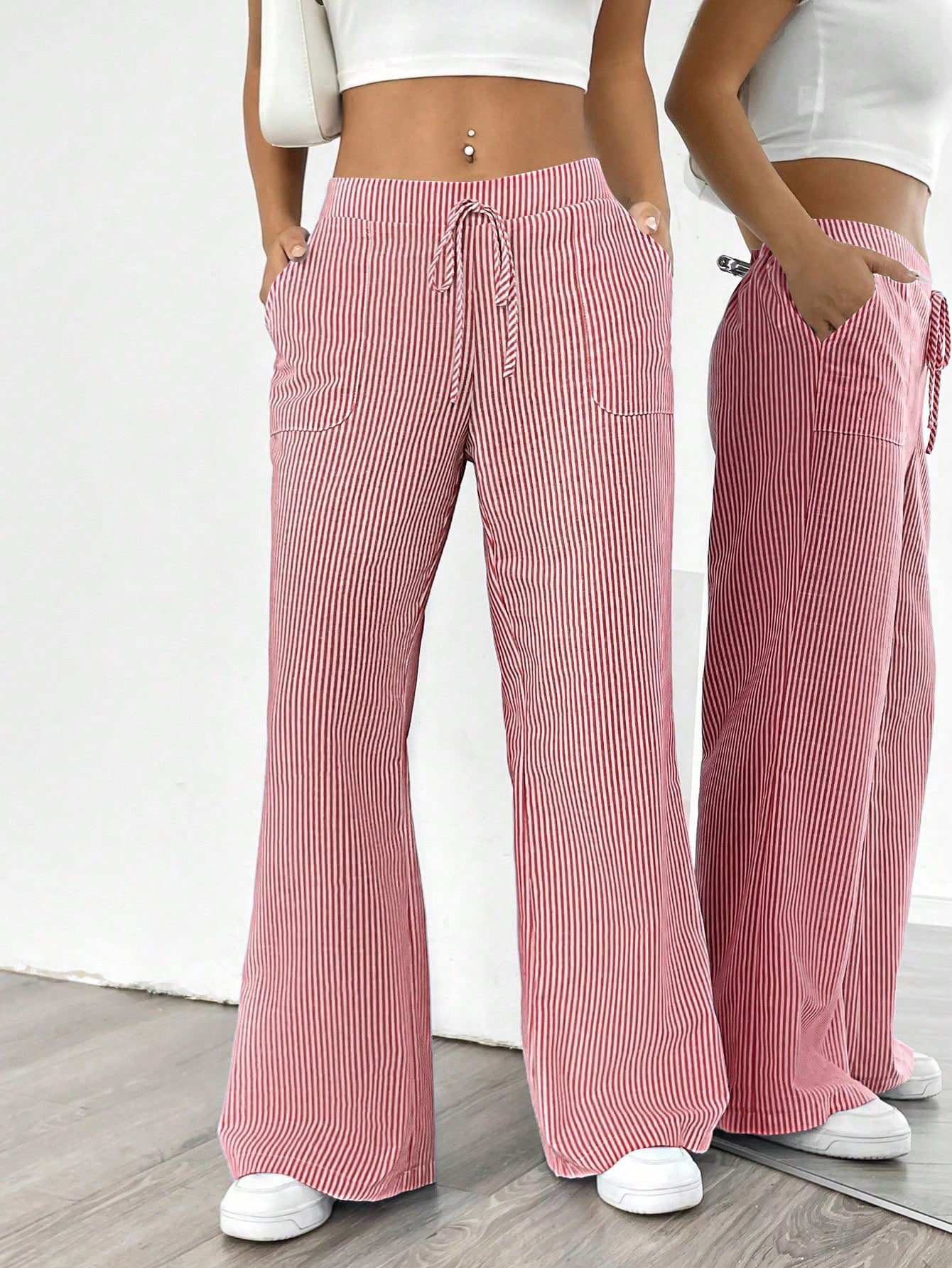 Chiquease Pantalones anchos de talle bajo a rayas azules y blancas para mujer, informales y apropiados para vestir en vacaciones y Año Nuevo