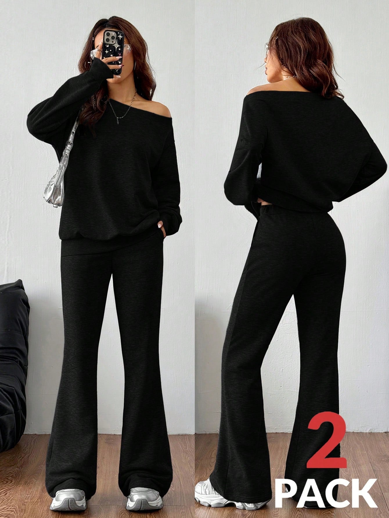 Coolane Conjunto de suéter de manga larga asimétrico gris sencillo de punto holgado que cae de los hombros y pantalones acampanados, conjunto de dos piezas para mujer para otoño/invierno, ropa de entrenamiento