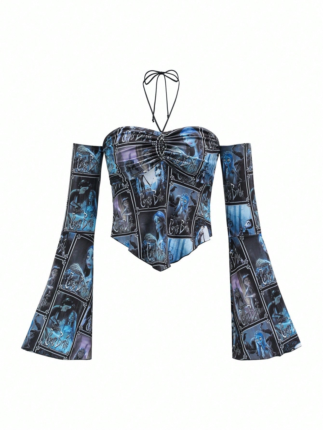 Corpse Bride X SHEIN Blusa de manga larga ajustada con hombros descubiertos y estampado de figura de dibujos animados para mujer