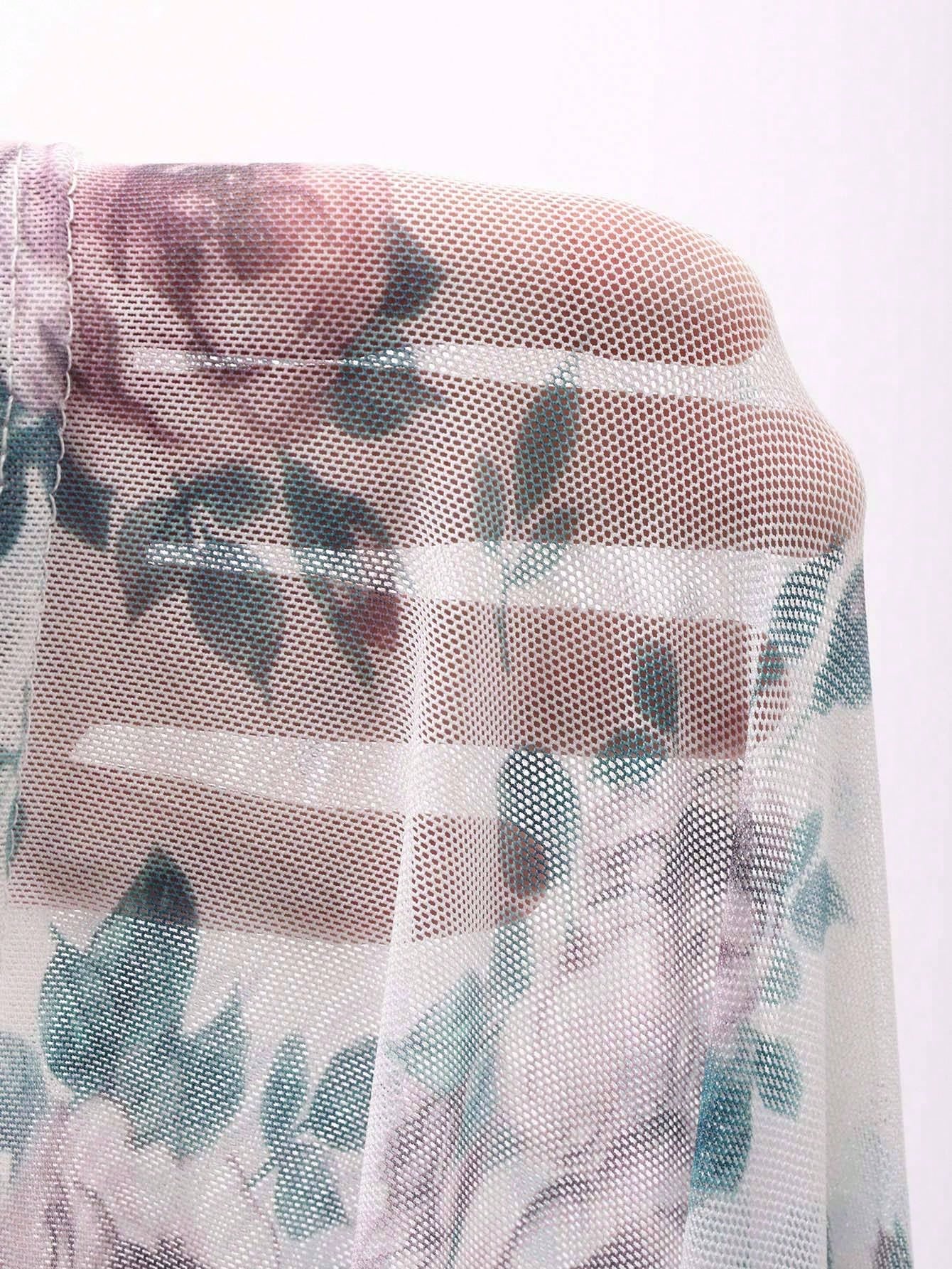 DAZY Blusa de malla transparente con estampado floral para mujer, prenda de otoño con manga larga