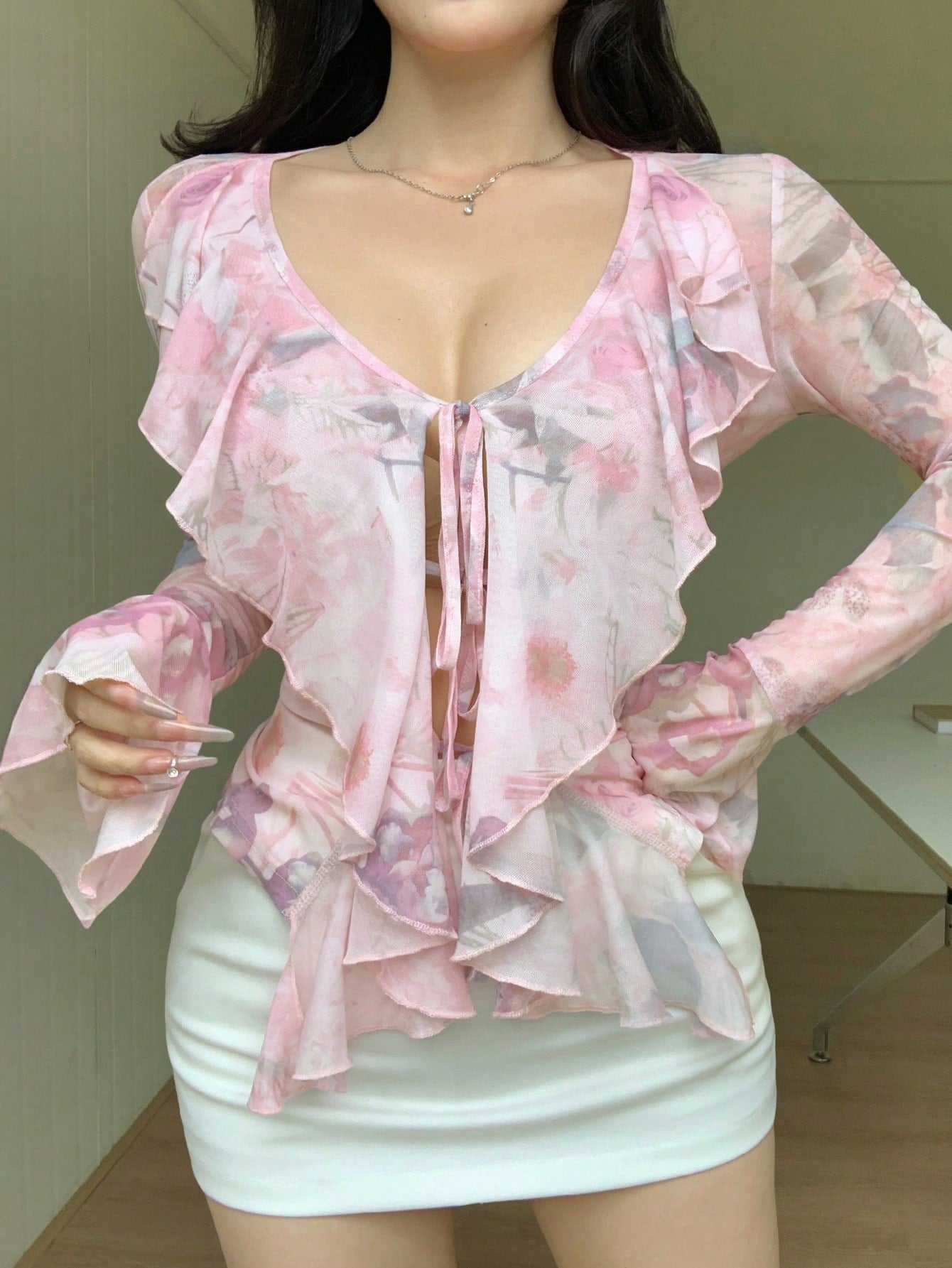 DAZY Blusa elegante con estampado de plantas para mujer, nueva llegada de verano, con volantes