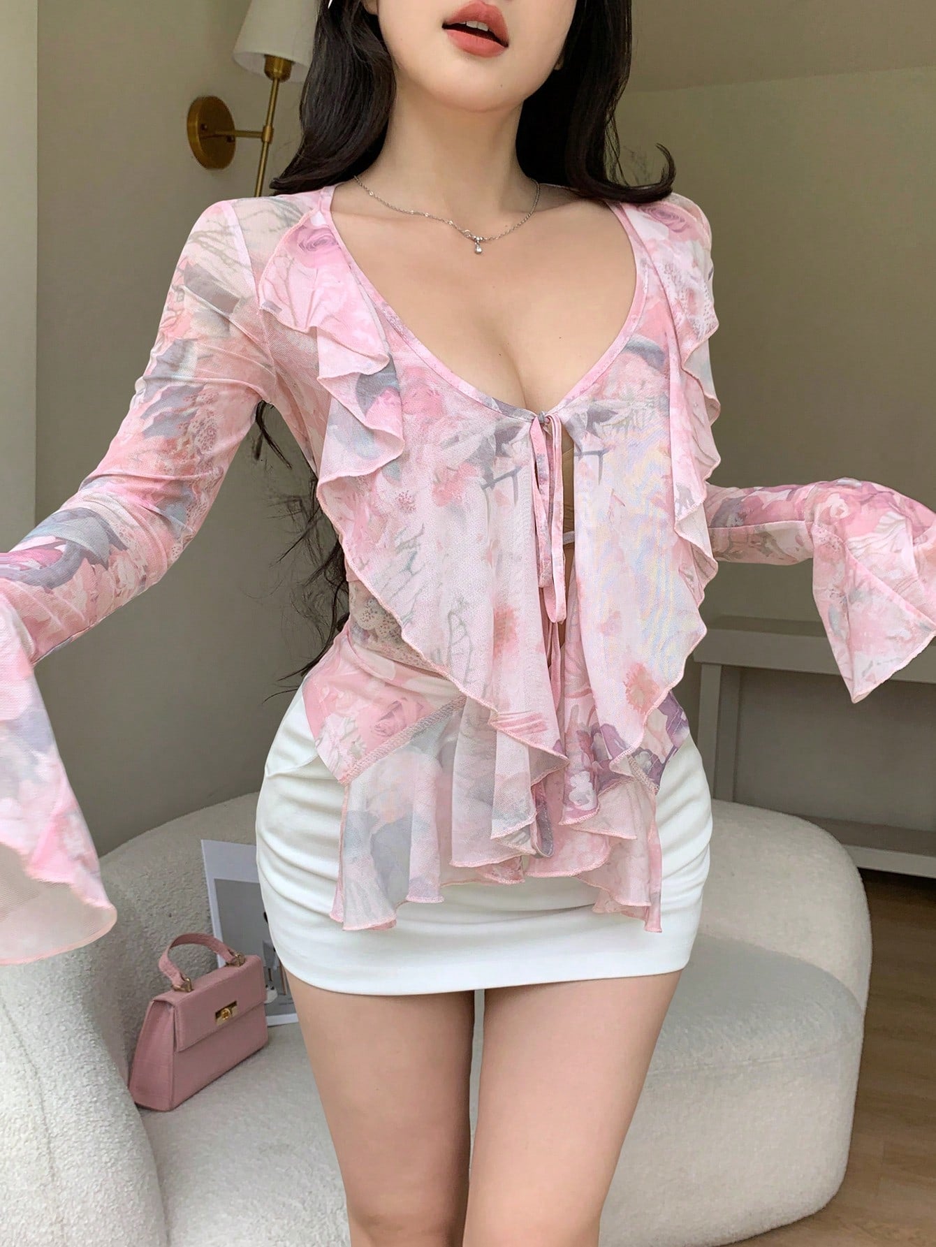 DAZY Blusa elegante con estampado de plantas para mujer, nueva llegada de verano, con volantes