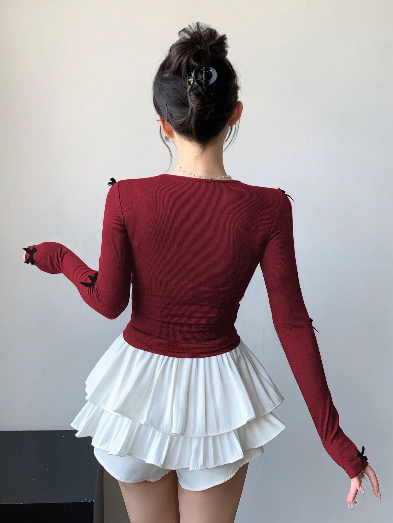 DAZY Camiseta ajustada con lazo, nueva para otoño, para mujer