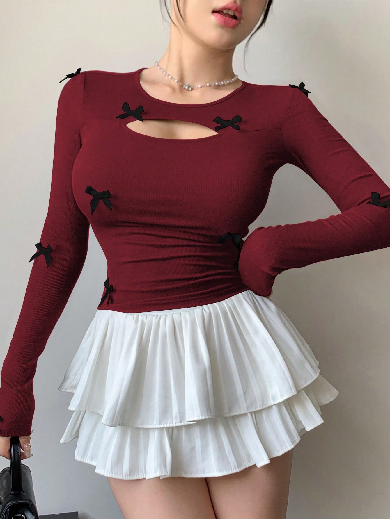 DAZY Camiseta ajustada con lazo, nueva para otoño, para mujer