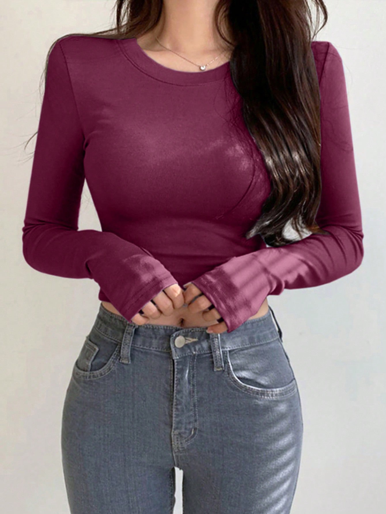 DAZY Camiseta casual de manga larga de cuello redondo de unicolor para mujer, primavera/verano