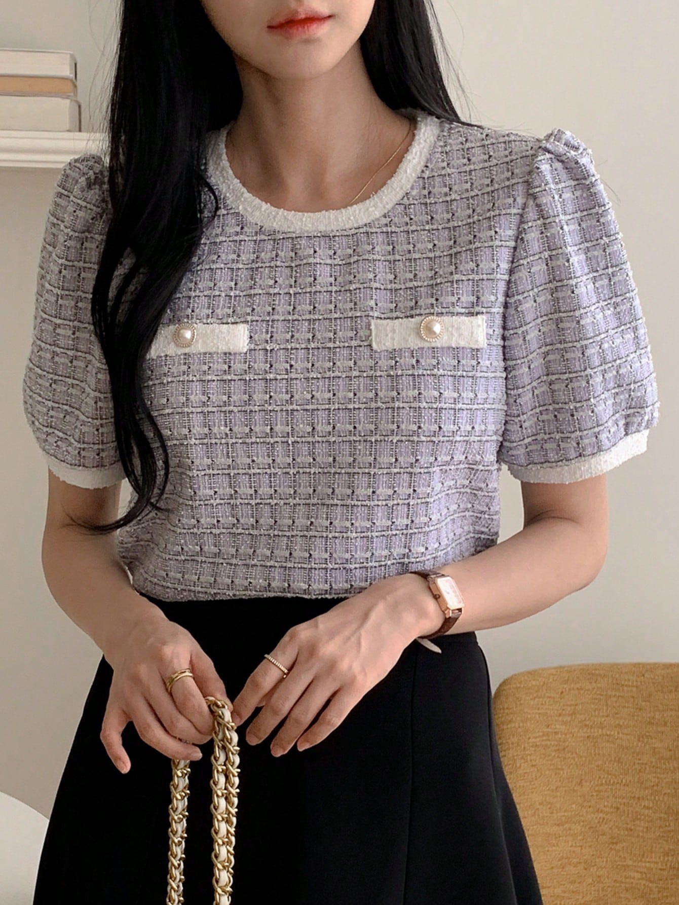 DAZY Camiseta casual de oficina para mujer de primavera/verano, tops lindos a cuadros