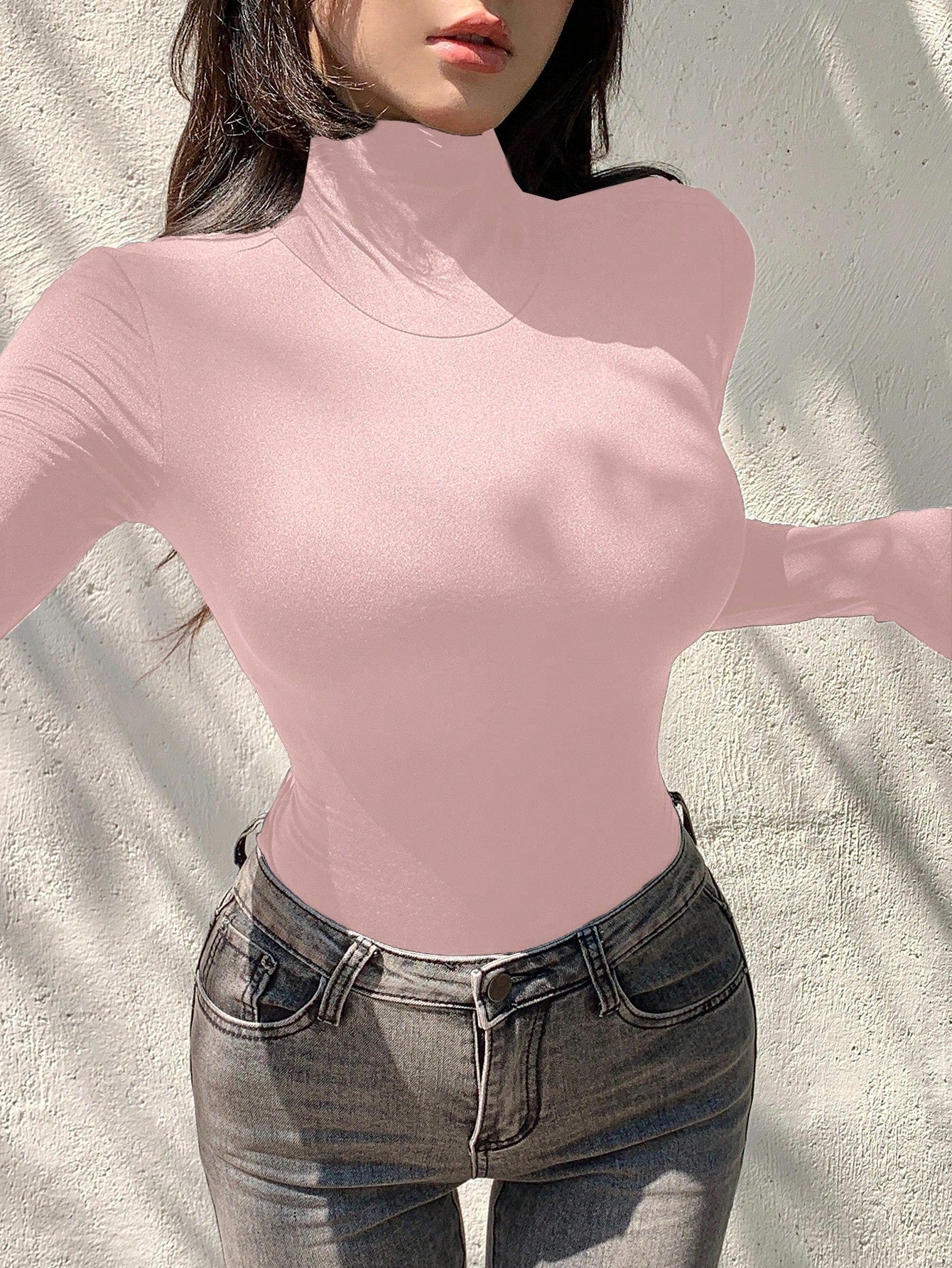 DAZY Camiseta de manga larga con cuello alto, de ajuste ceñido y color liso, para mujer