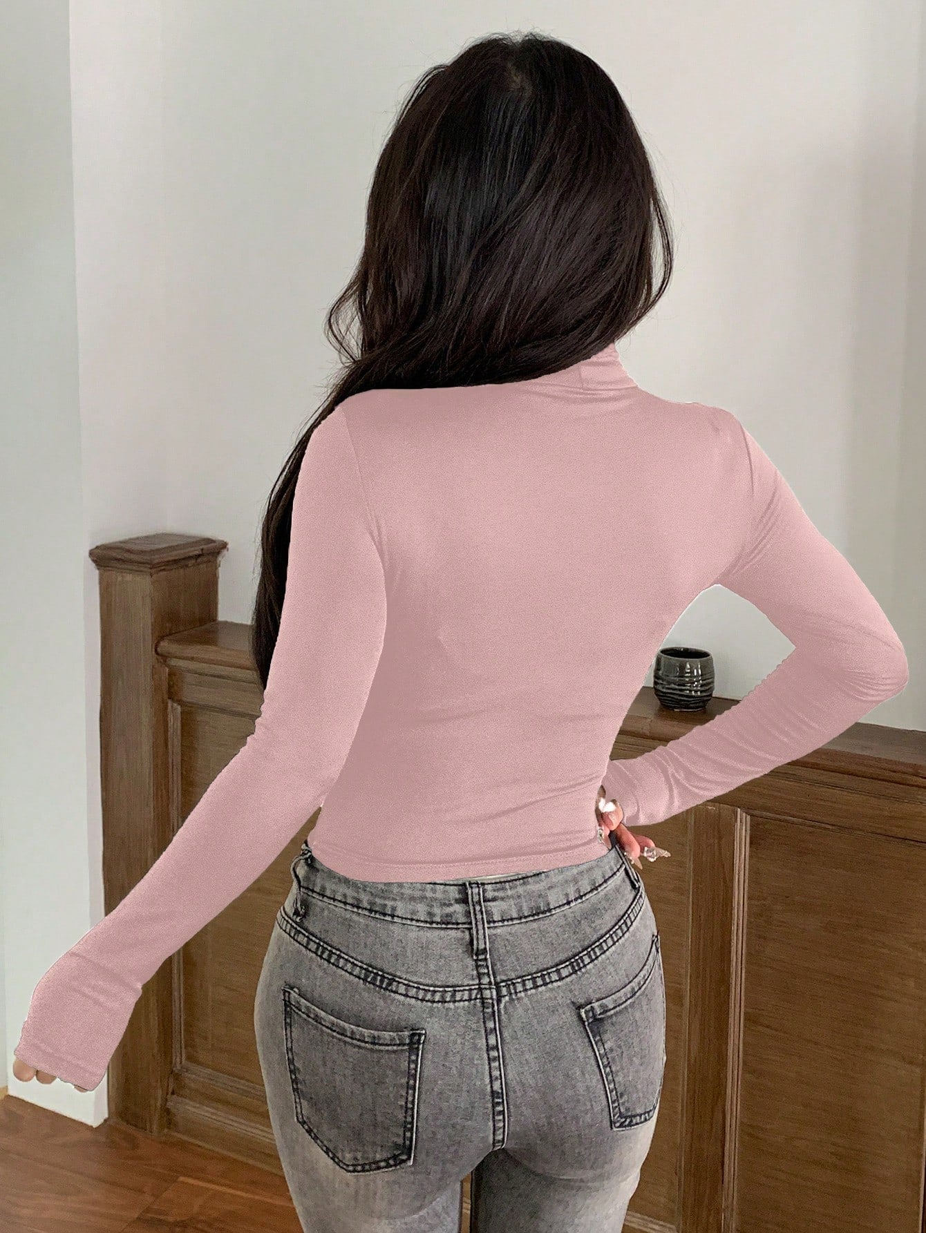 DAZY Camiseta de manga larga con cuello alto, de ajuste ceñido y color liso, para mujer