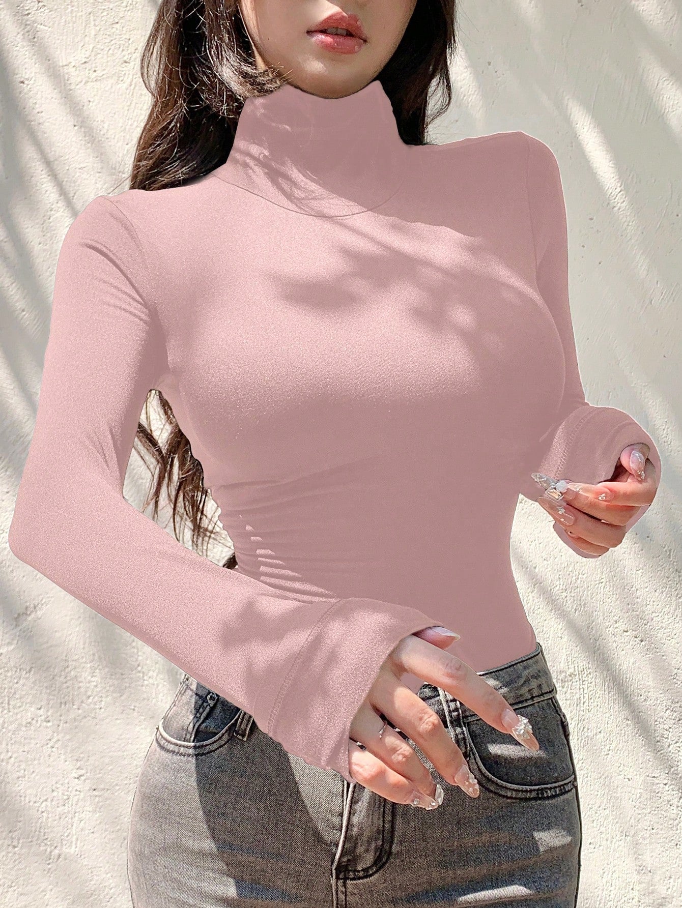 DAZY Camiseta de manga larga con cuello alto, de ajuste ceñido y color liso, para mujer