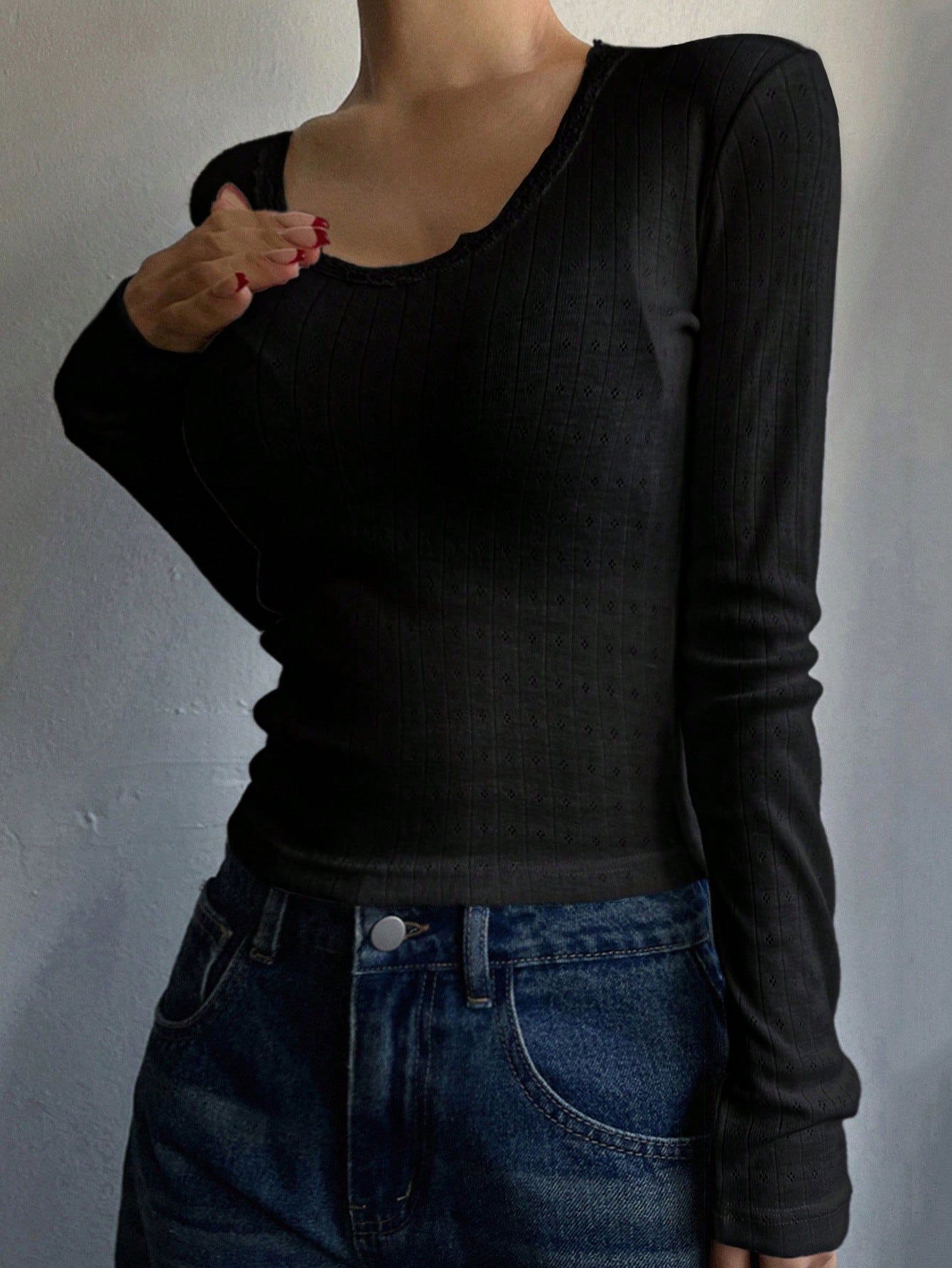 DAZY Camiseta de manga larga de ajuste ceñido con parches de encaje para mujer, ropa de otoño
