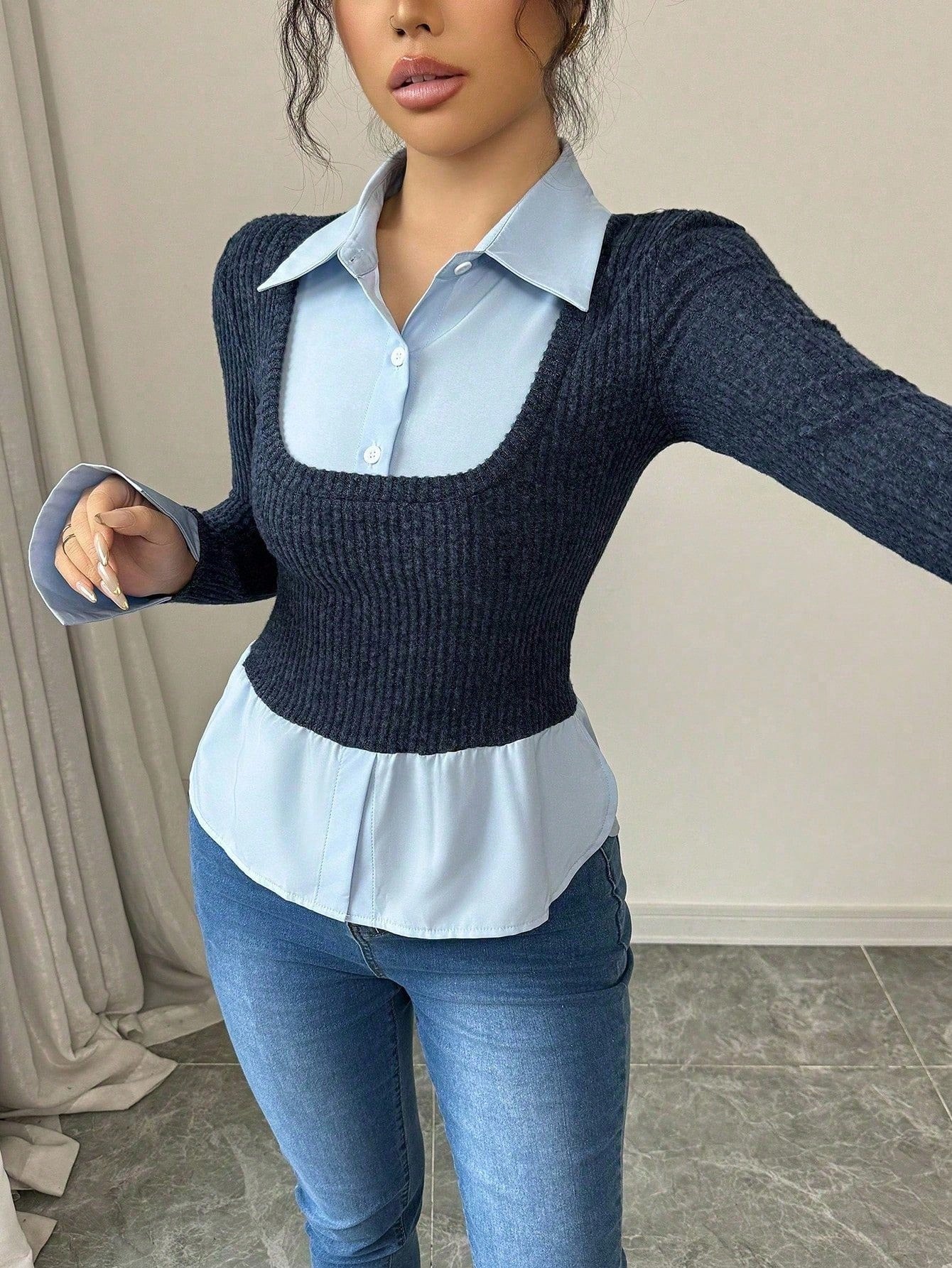 Elenzga Camiseta estilo francés de 2 en 1 con cuello y panel de contraste, nueva diseño de nicho para camisetas gráficas de mujer de primavera y otoño