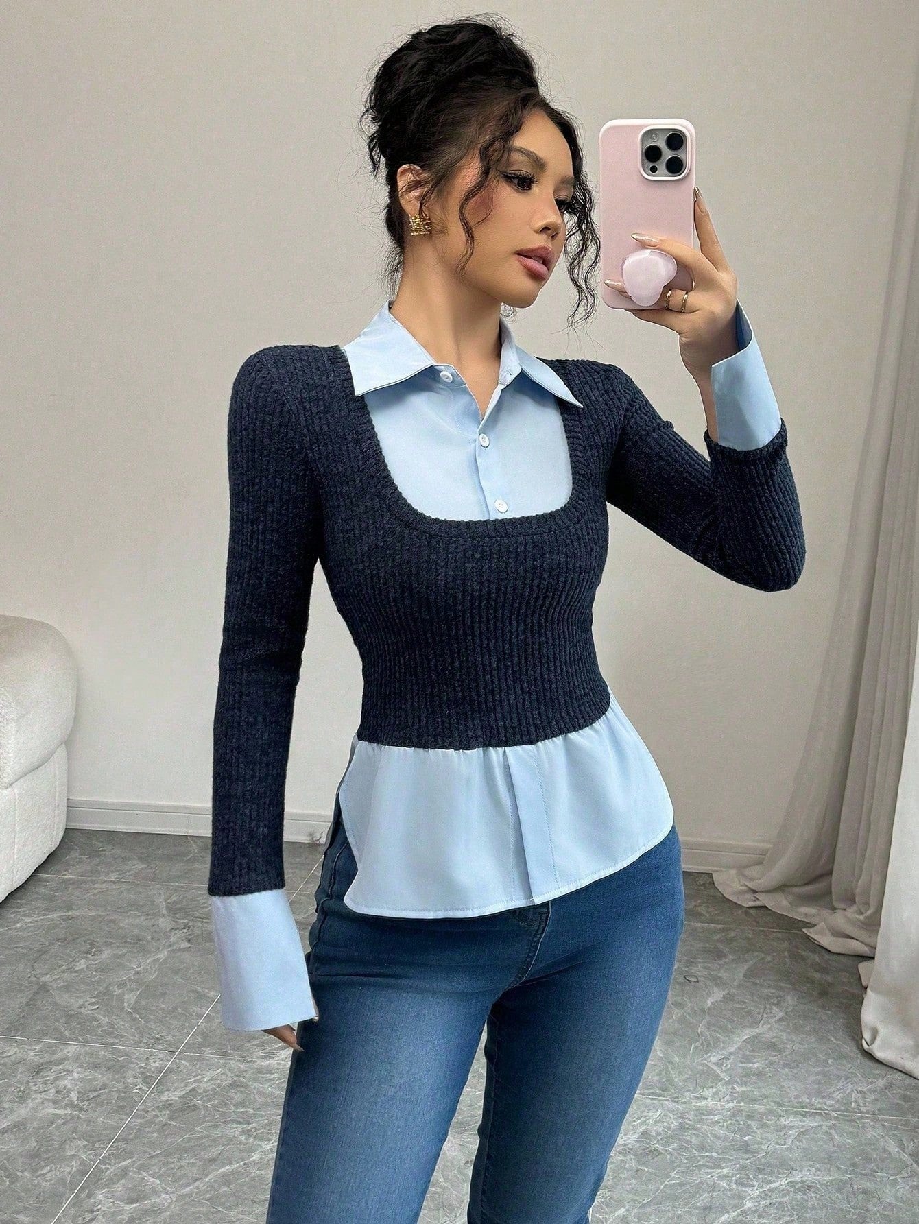 Elenzga Camiseta estilo francés de 2 en 1 con cuello y panel de contraste, nueva diseño de nicho para camisetas gráficas de mujer de primavera y otoño