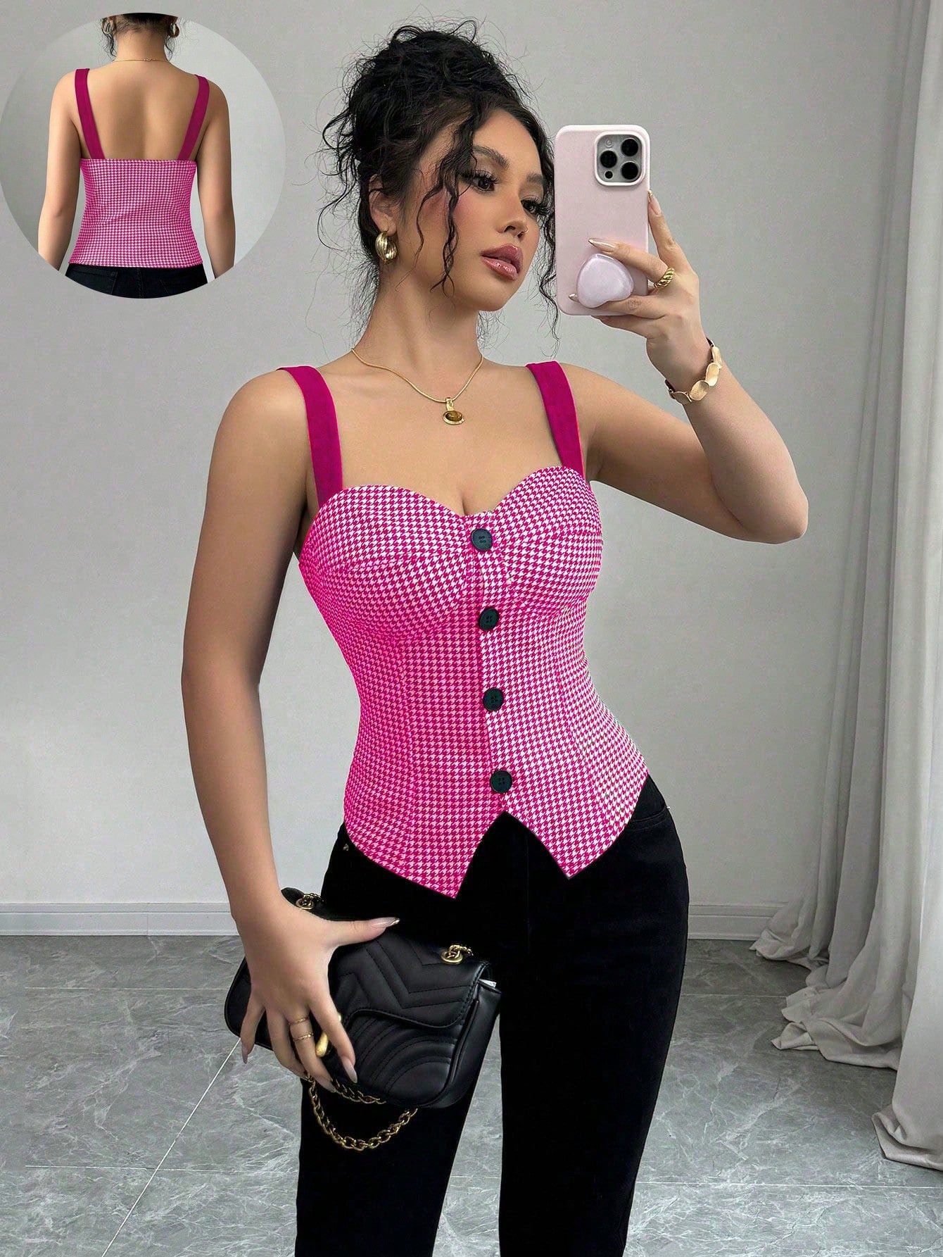 Elenzga Top de tirantes de mujer con ajuste slim, estampado de pata de gallo, diseño de un solo pecho, color rosa, versátil para uso diario