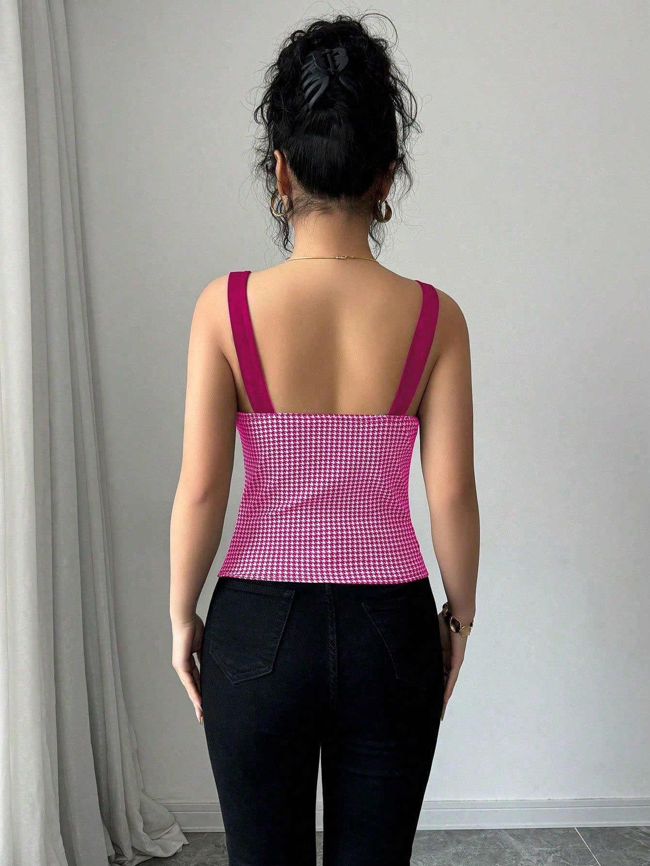 Elenzga Top de tirantes de mujer con ajuste slim, estampado de pata de gallo, diseño de un solo pecho, color rosa, versátil para uso diario