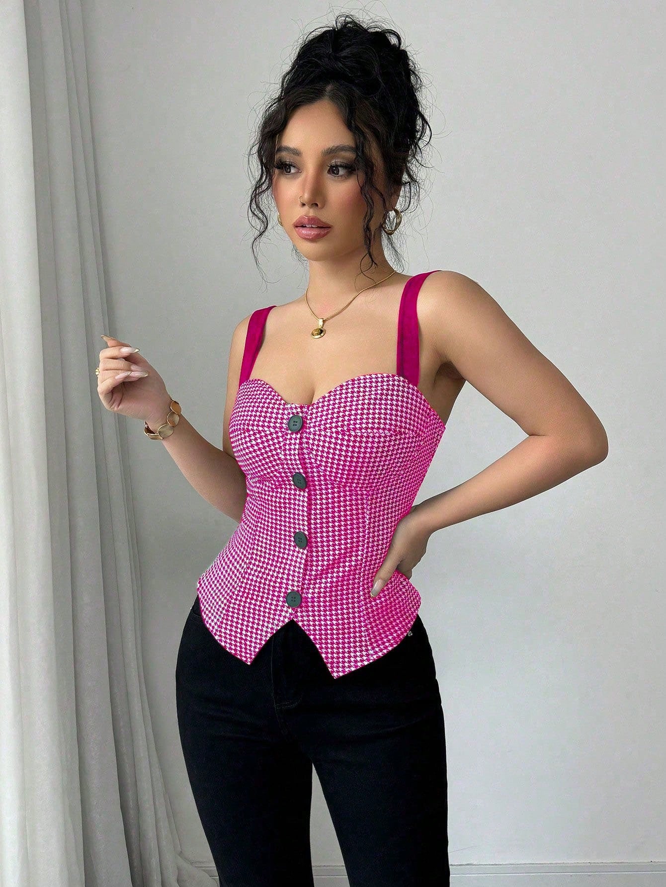 Elenzga Top de tirantes de mujer con ajuste slim, estampado de pata de gallo, diseño de un solo pecho, color rosa, versátil para uso diario