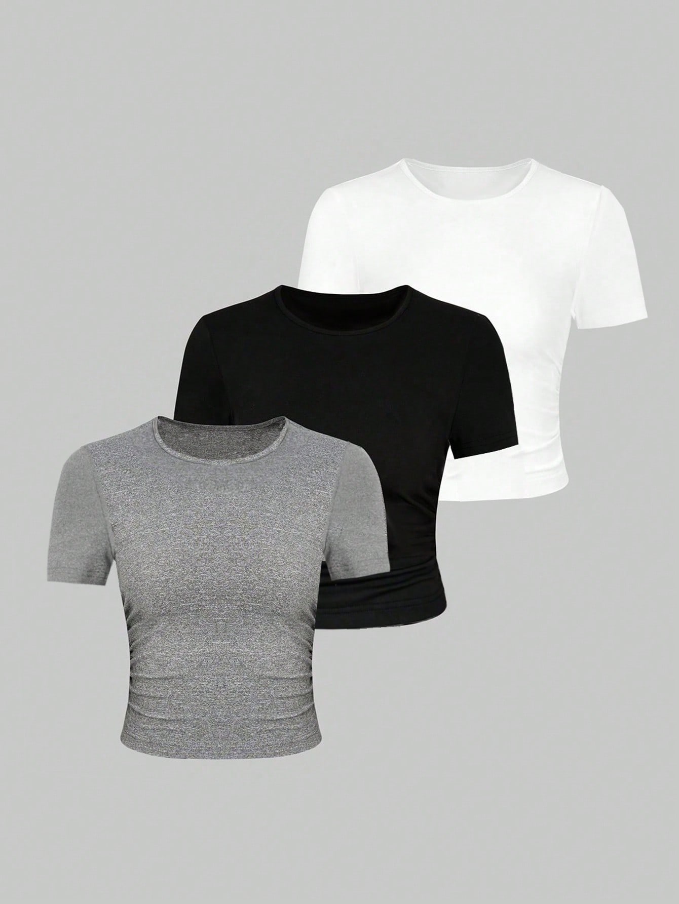 Flirla 3 Piezas/set Camiseta Corta De Color Sólido Con Cuello Redondo, Ajuste Delgado Y Plisada
