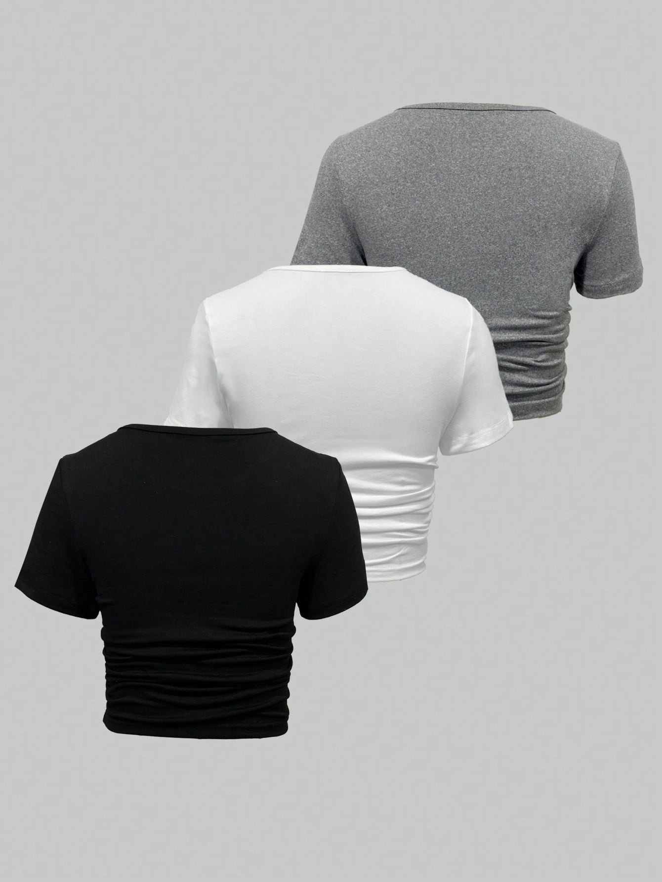Flirla 3 Piezas/set Camiseta Corta De Color Sólido Con Cuello Redondo, Ajuste Delgado Y Plisada