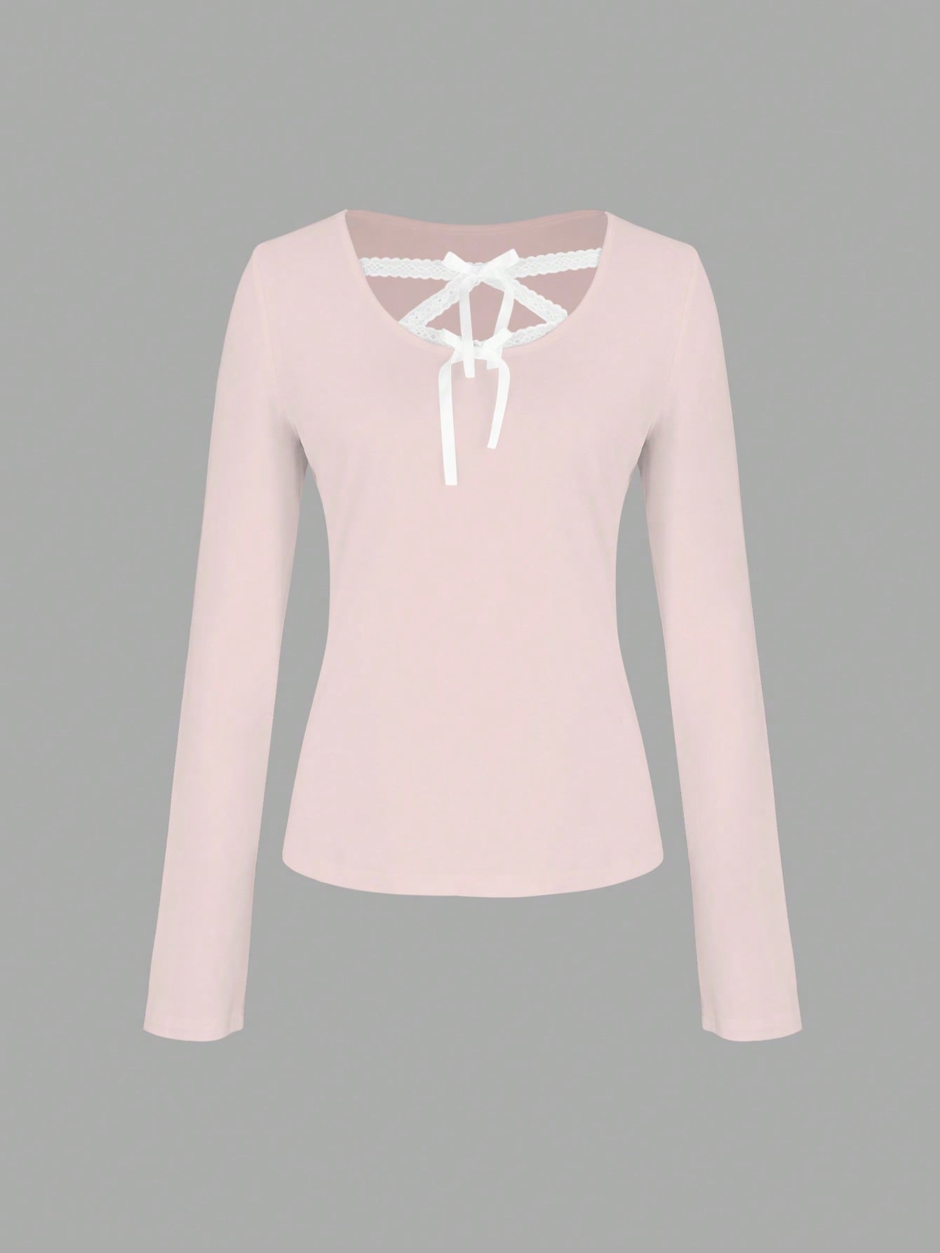 INAWLY Camiseta de manga larga ajustada para mujer con detalles de encaje y lazo en contraste