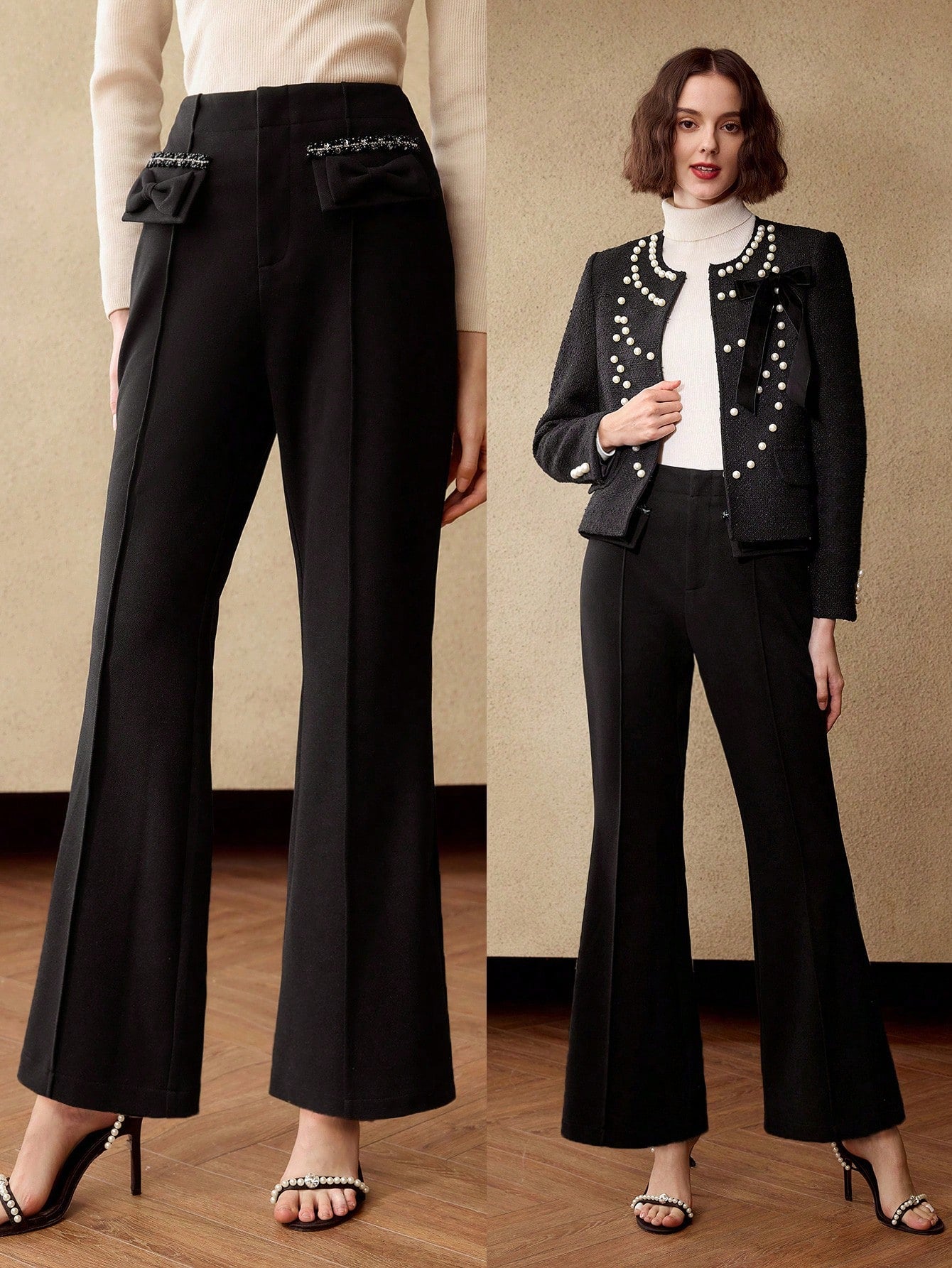 MOTF PREMIUM Pantalones de traje acampanados con detalle de solapa con lazo de cinta de contraste y costura delantera