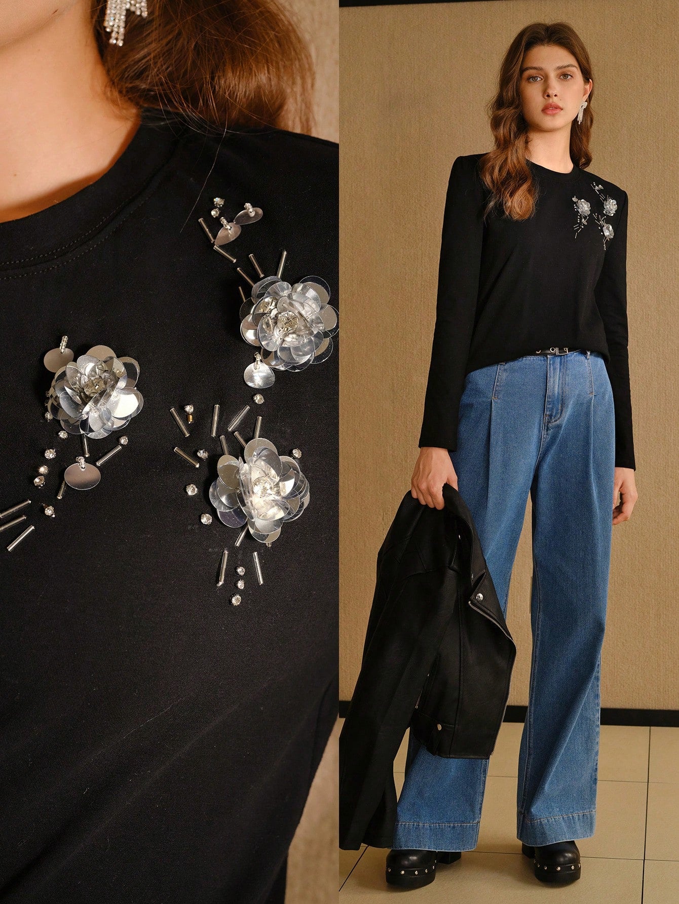 MOTF STUDIO CAMISETA NEGRA CON DETALLES DE LENTEJUELAS DE CONTRASTE