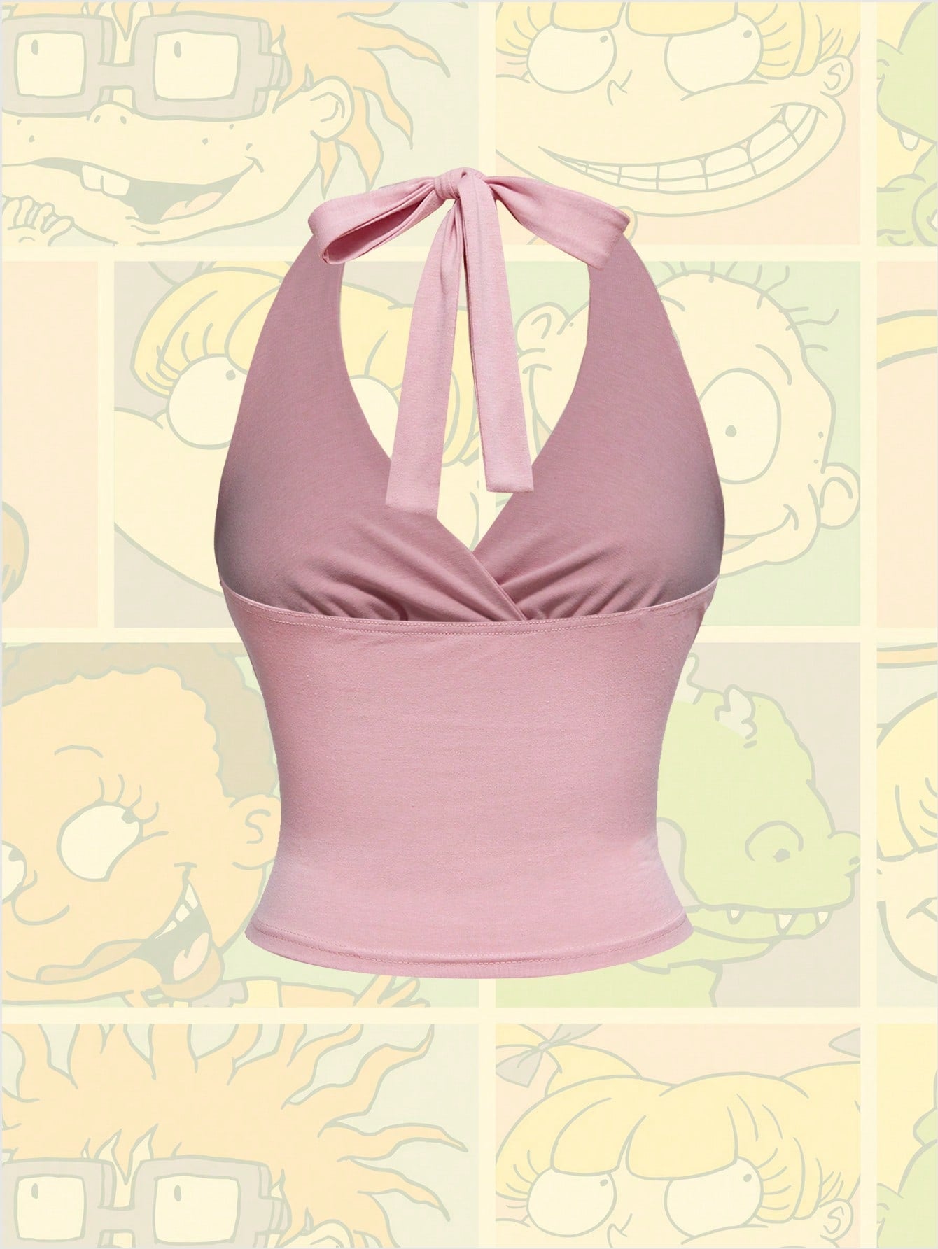 Nick 90's X ROMWE Top holgada de verano de mujer con patrón de dibujos animados rosa y fruncido en el cuello