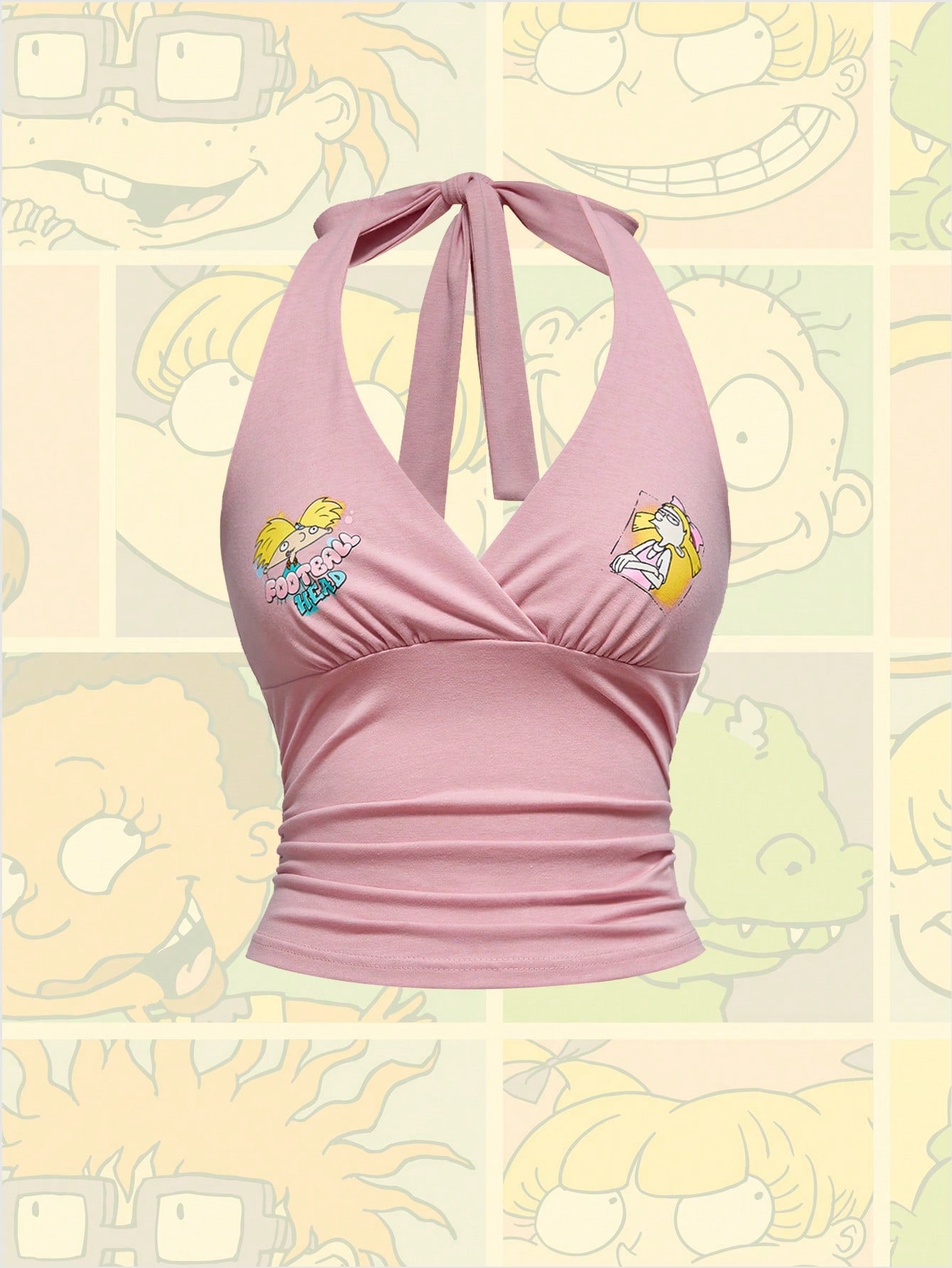 Nick 90's X ROMWE Top holgada de verano de mujer con patrón de dibujos animados rosa y fruncido en el cuello
