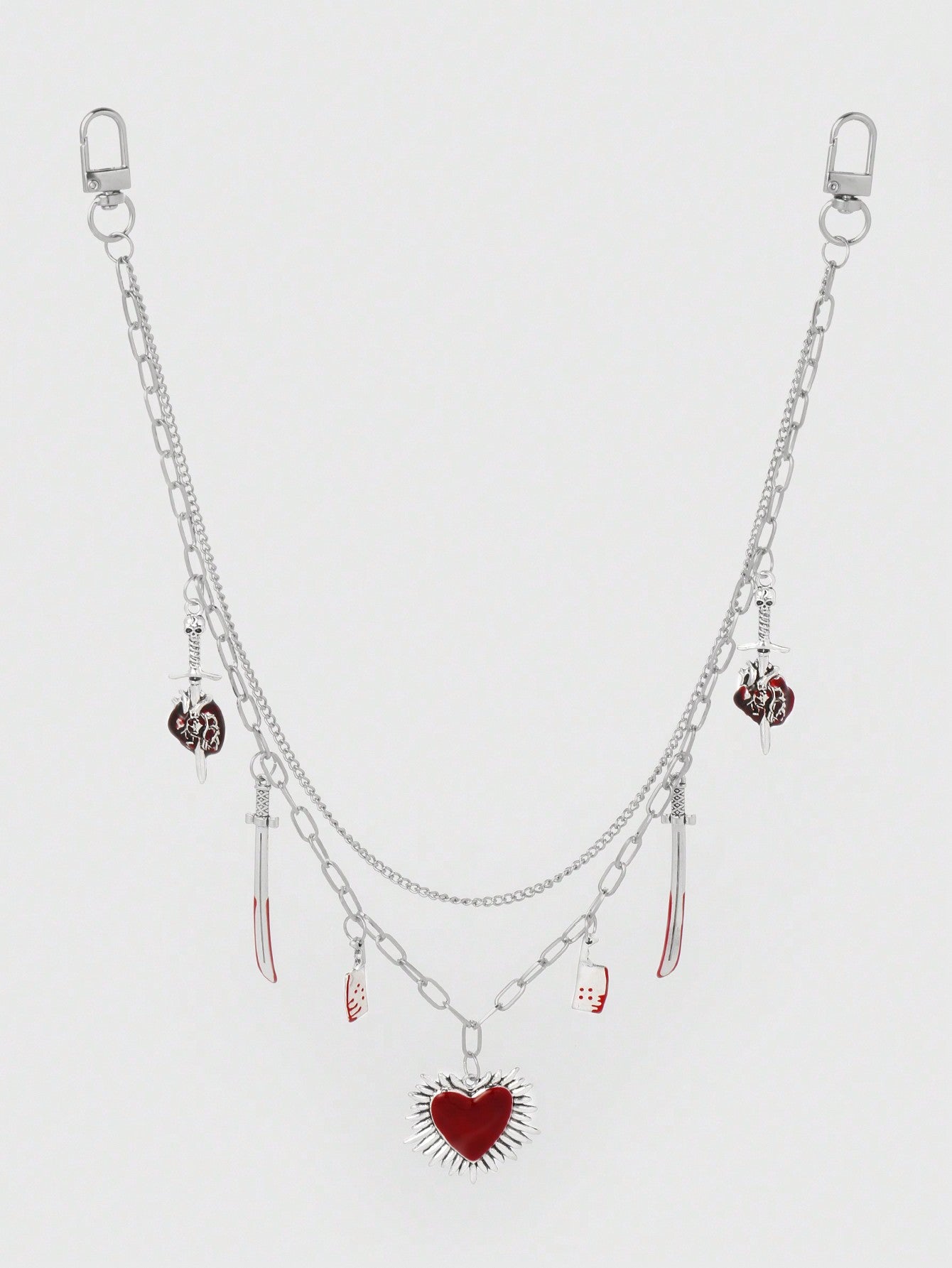 ROMWE Kawaii 1 pieza Cadena para la cintura con estilo gótico de moda, colgante de corazón perforado con calavera, espada y corazón rojo, plateado, adecuado para uso diario de mujeres y niñas, regalo festivo
