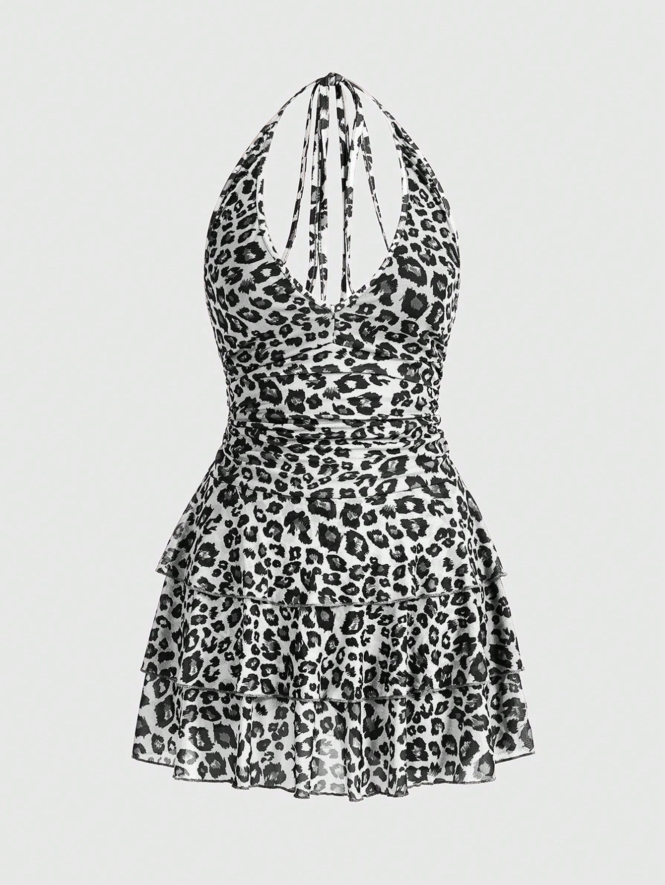 ROMWE J-Fashion Vestido corto y sexy con estampado de leopardo blanco y negro, estilo halter, para la escuela