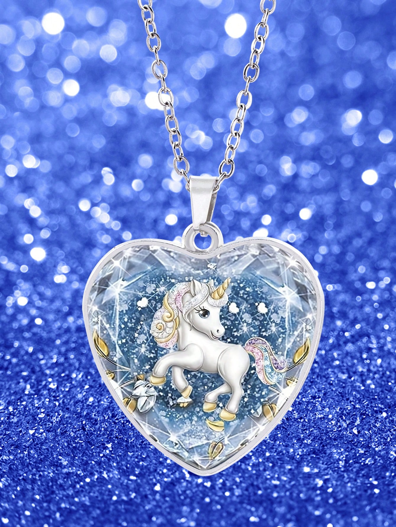 suteyi 1 Collar de vidrio con joya en forma de corazón y dibujo de pony para niños, como regalo para amigos y familiares