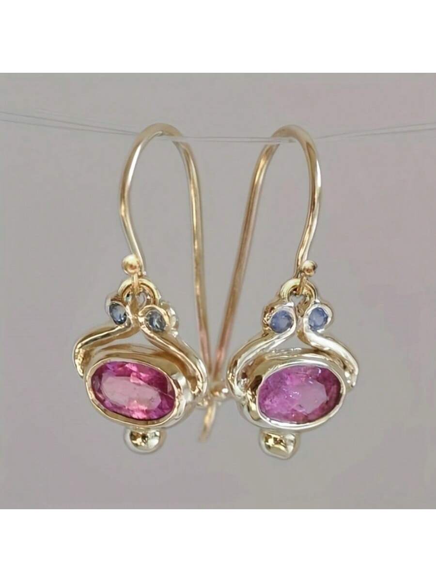 Pendientes con colgante de circonita cúbica rosa brillante, joyas elegantes de cobre chapado en oro de 14K, recuerdo