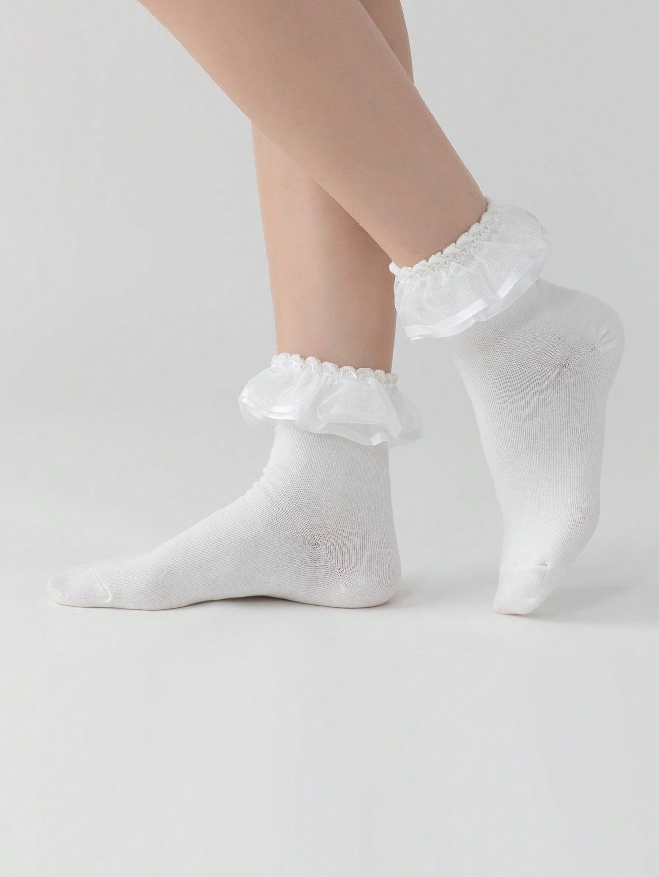 ROMWE Kawaii Calcetines de tubo con volantes de tejido de red de unicolor, casuales y dulces, para mujeres
