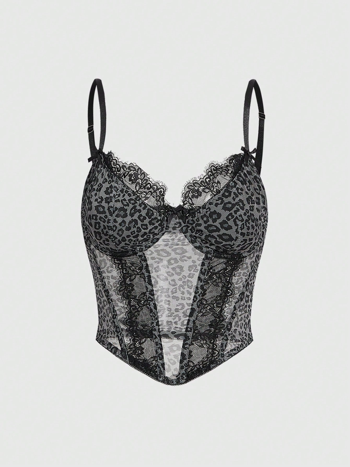 ROMWE Grunge Punk Parte superior de camiseta con encaje de contraste y estampado de leopardo, escolar