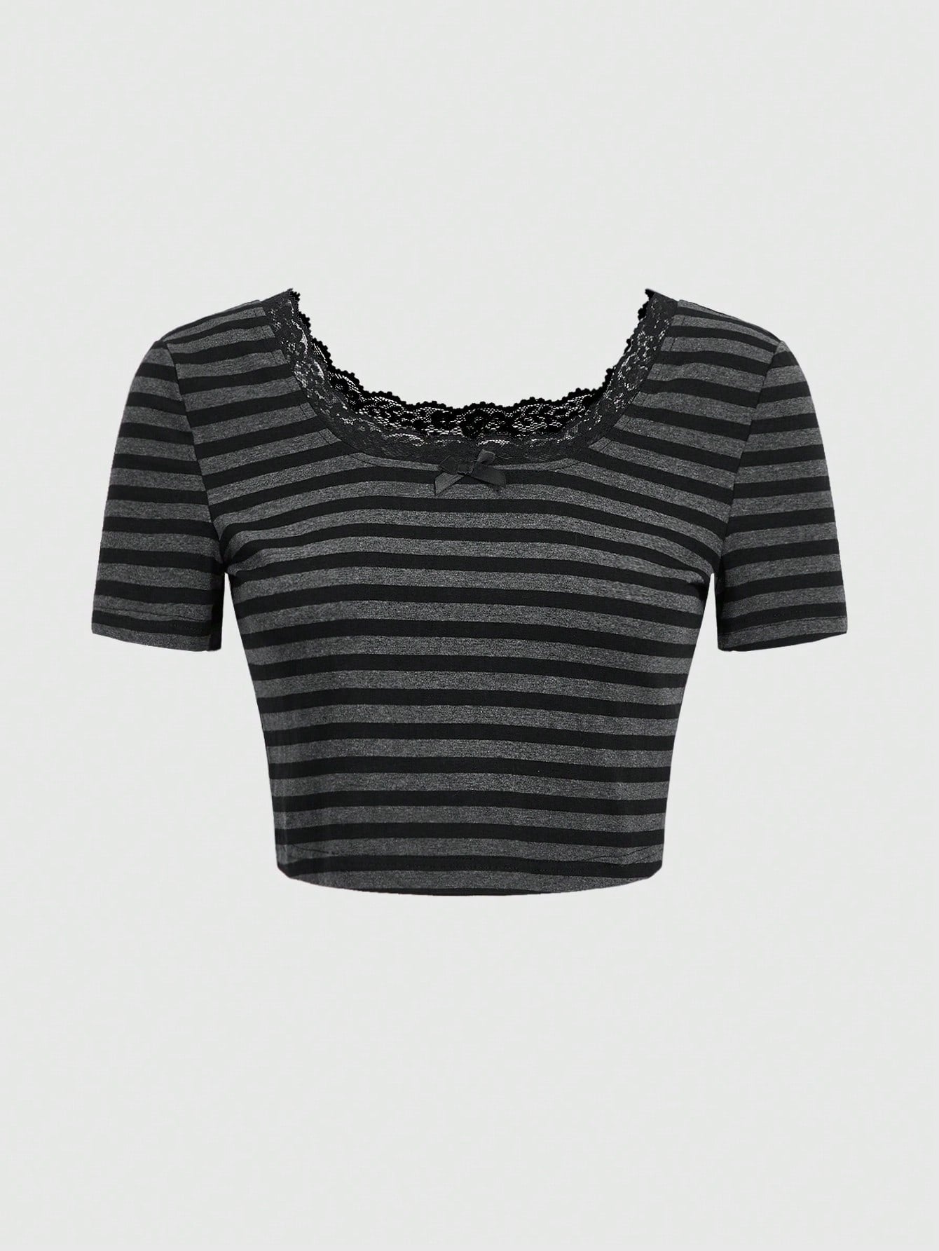 ROMWE Playera Corta De Tirantes De Rayas Con Borde De Encaje Para Mujer