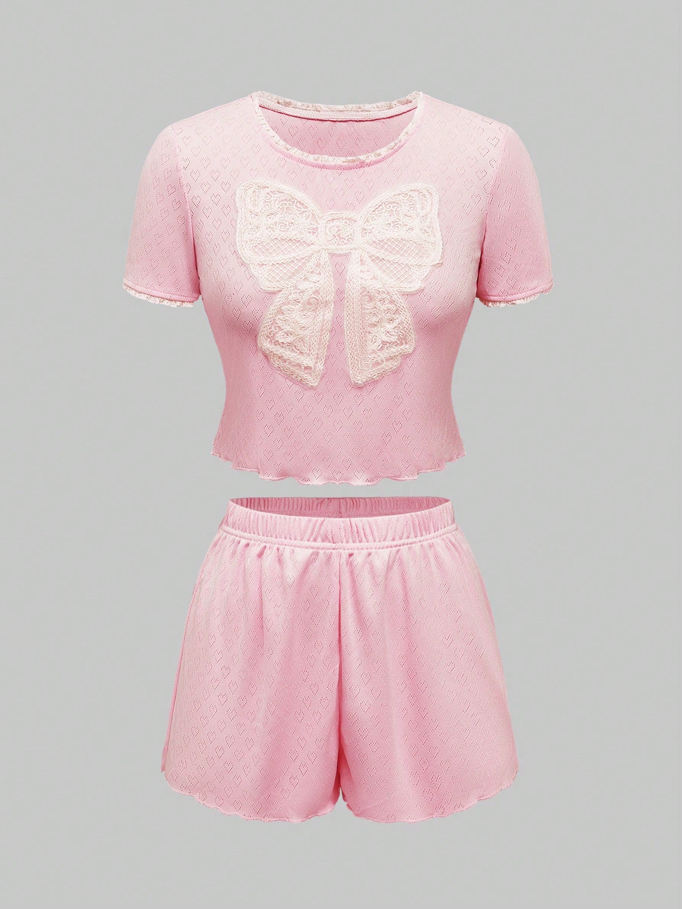 ROMWE Kawaii Conjunto de pijama de mujer con encaje de punto hueco y lazo romántico y encantador en forma de corazón