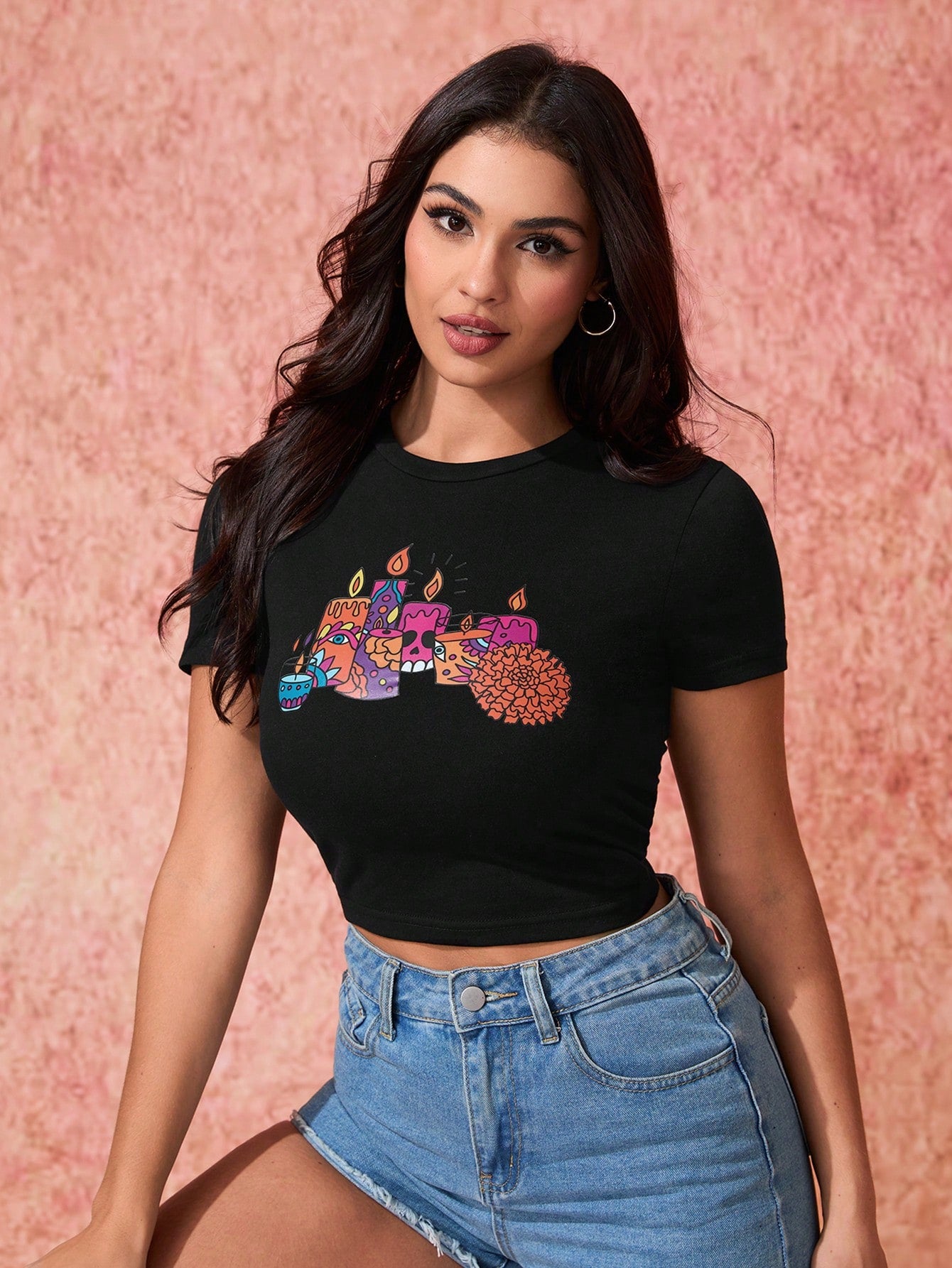 Simona Ahued Camiseta de mujer de cuello redondo corta, ajustada y de manga corta con estampado del Día de los Muertos, camiseta gráfica para vacaciones, primavera y verano