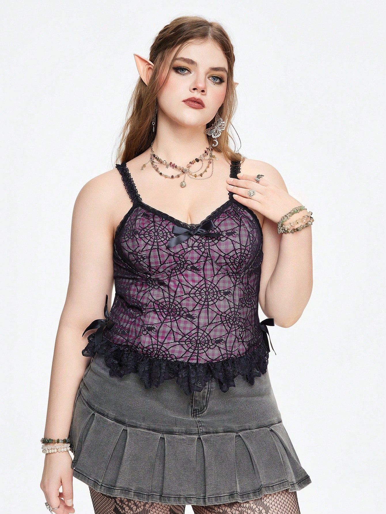 ROMWE Grunge Punk Top de camisola para mujer con encaje y dobladillo de volantes