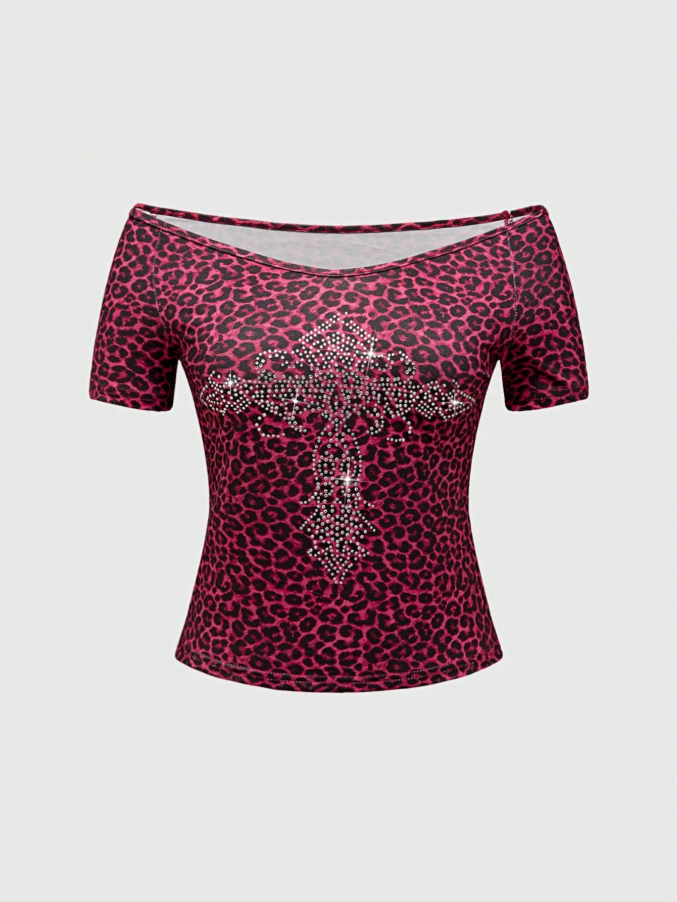 ROMWE Goth Camiseta de manga corta y cuello ancho con aplicación de pedrería cruzada para mujer