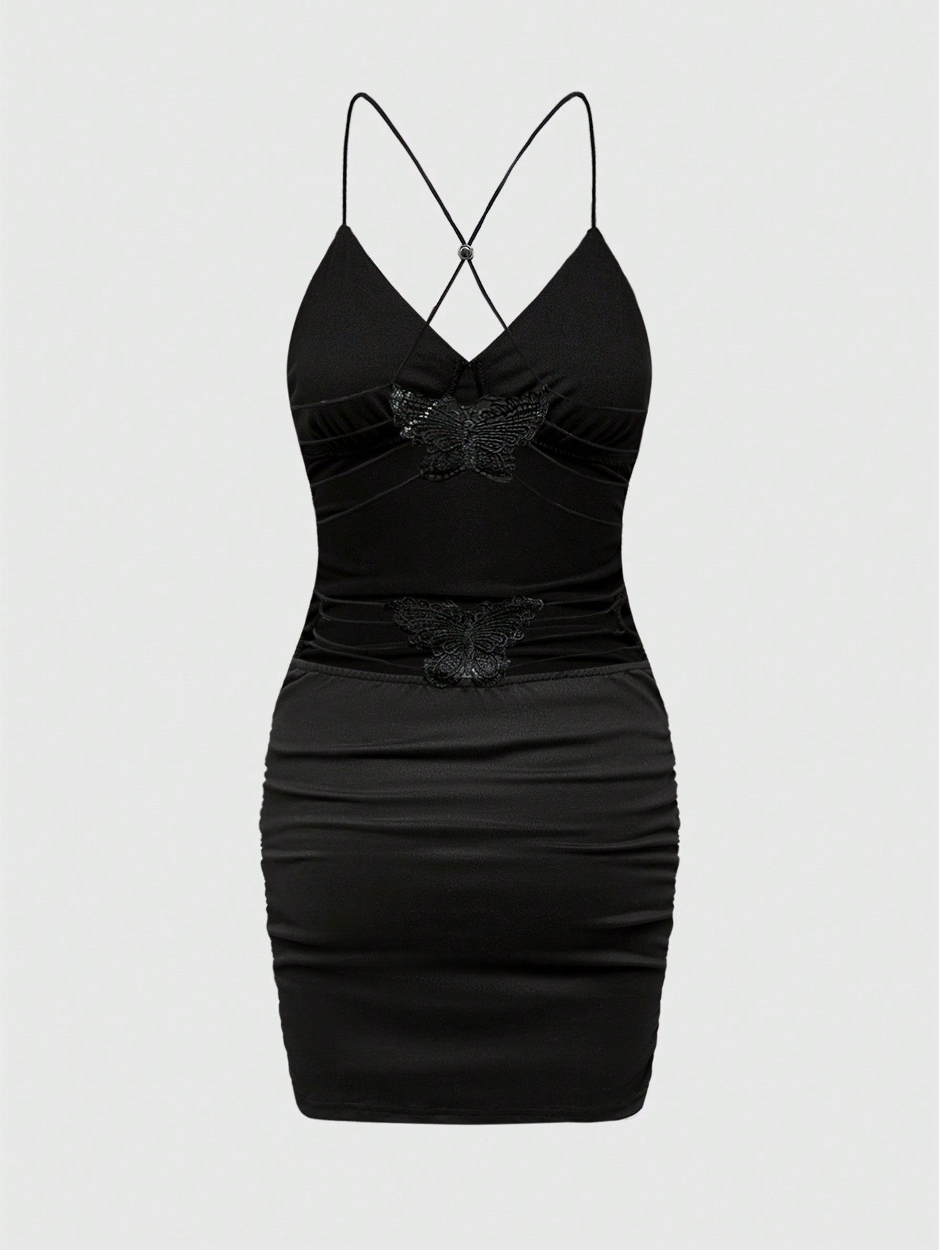 ROMWE Vestido de mujer sexy ajustado con pliegues, sin espalda y corbata de mariposa