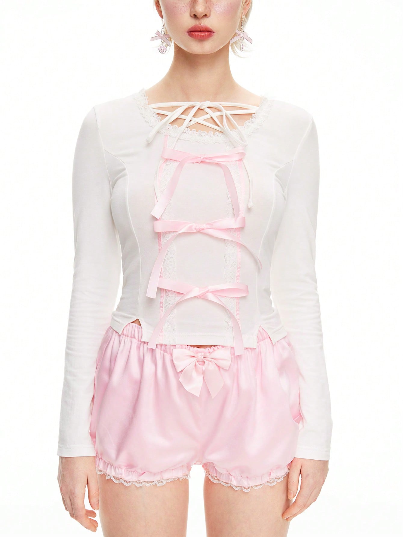 ROMWE Kawaii Camiseta informal con lazo y encaje al estilo de bailarina para mujeres