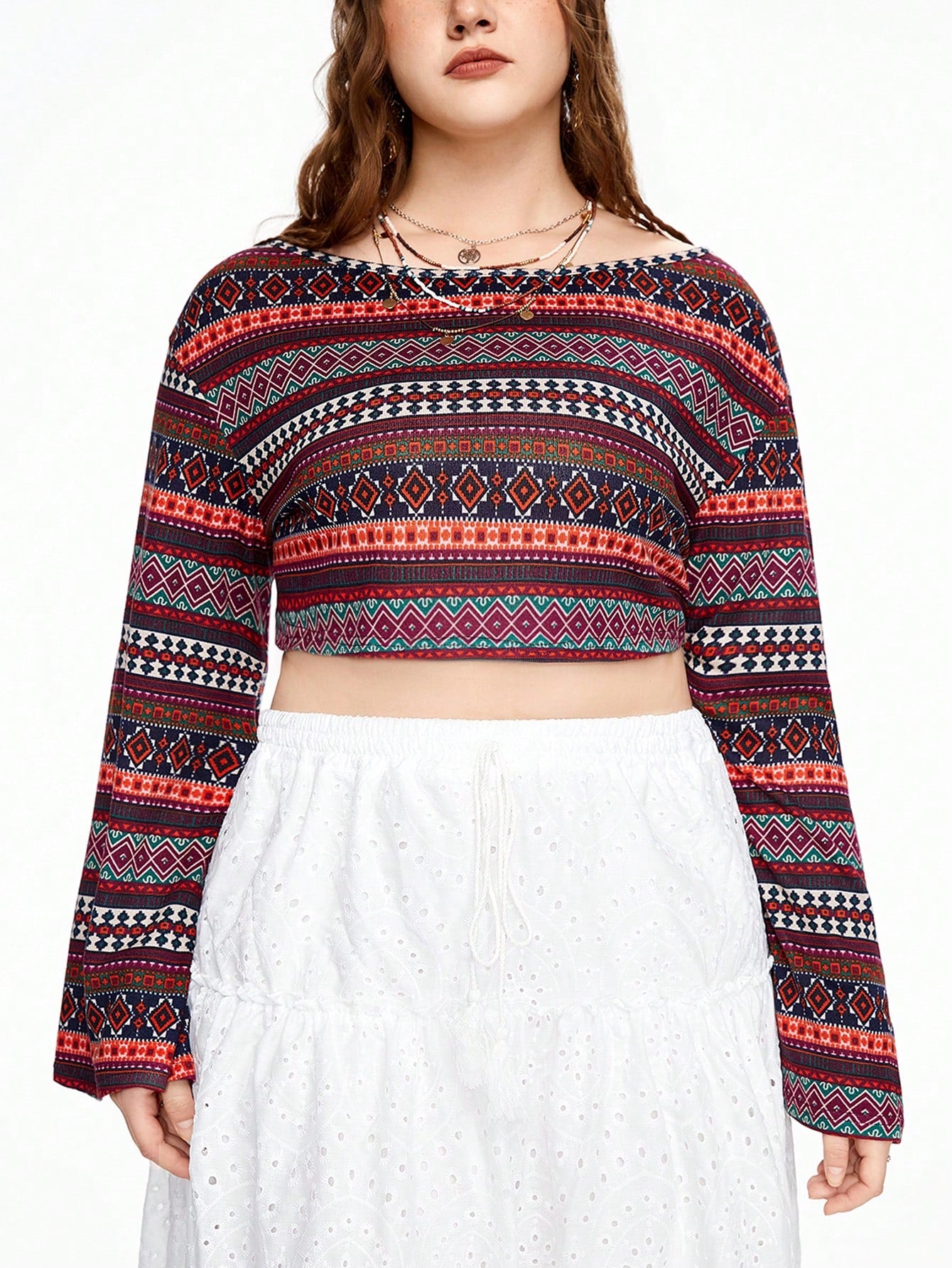 ROMWE Hippie Camiseta de rayas bohemias de talla grande con cuello de barco, manga ancha acampanada y longitud recortada, ideal para vacaciones
