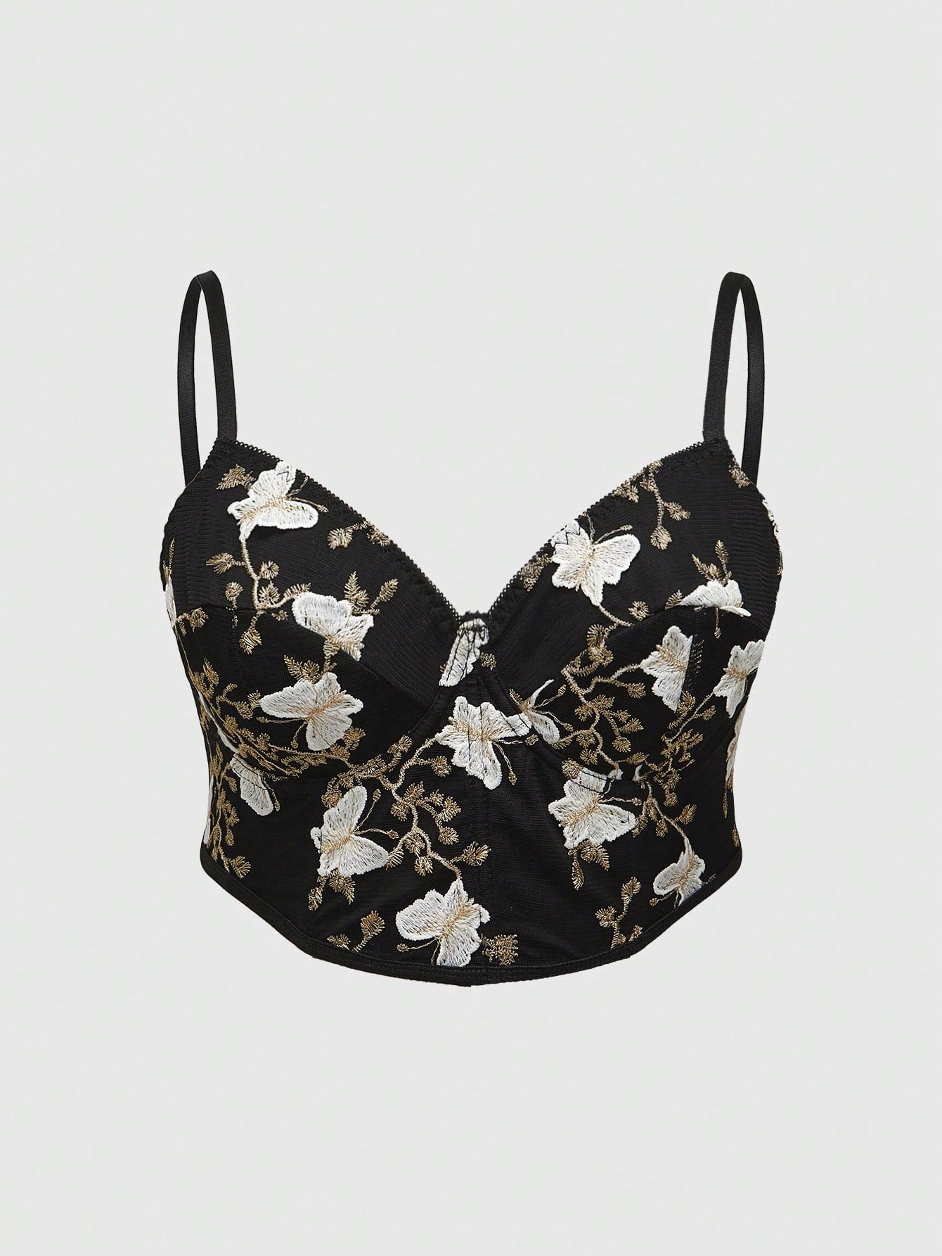 ROMWE Goth Camiseta interior floral y de mariposa bordada con malla de contraste elegante y de talla grande, ideal para verano