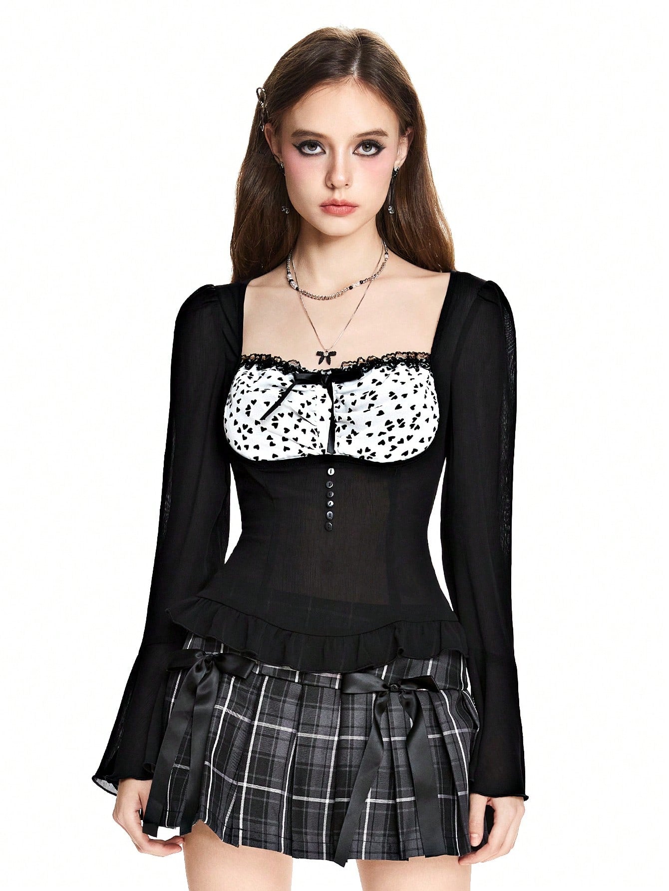 ROMWE Kawaii Blusa de gasa de manga acampanada vintage dulce para mujeres