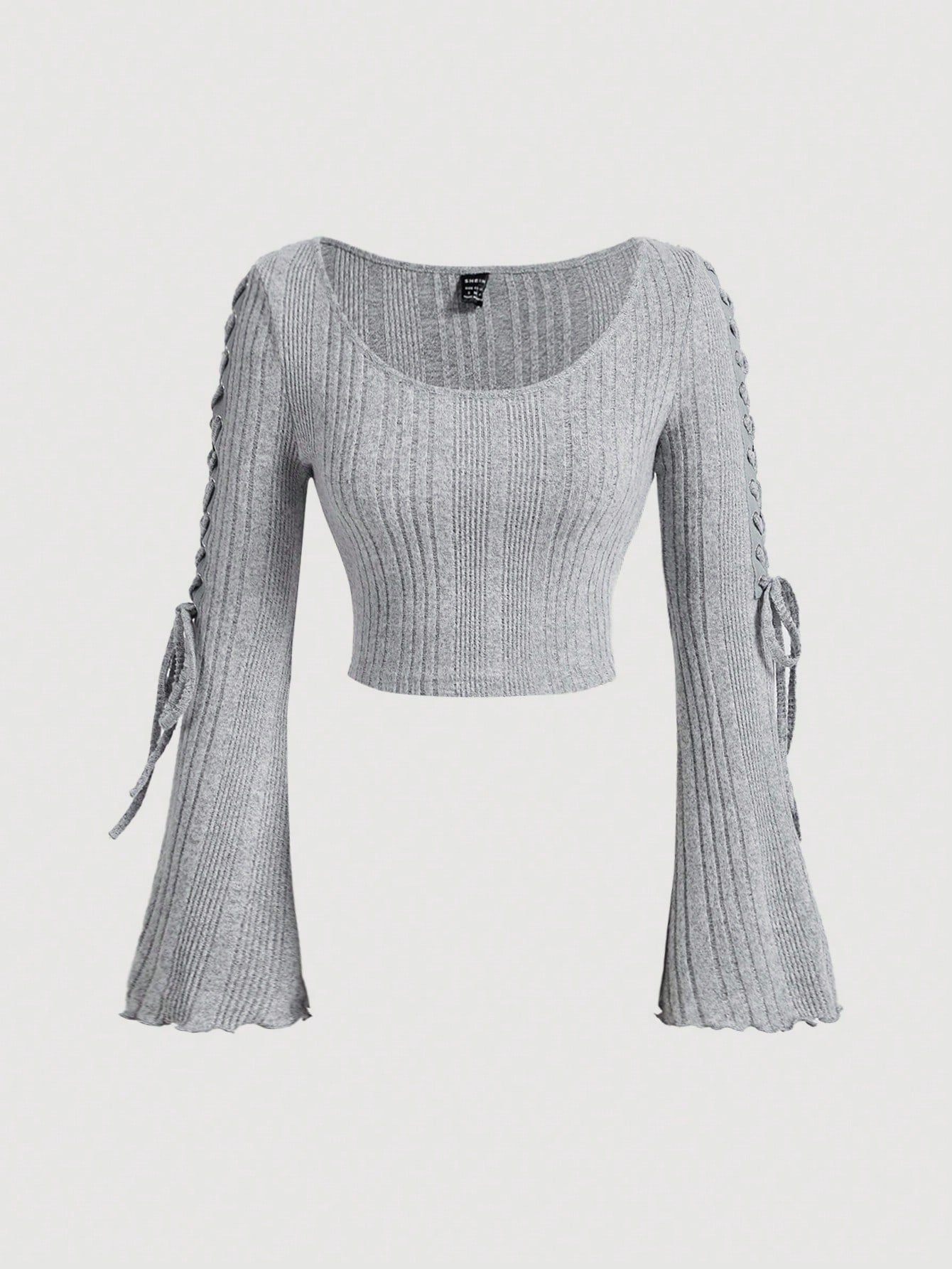 SHEIN MOD Camiseta de manga larga con cuello redondo acanalado y lazo, de felpa para mujer para otoño e invierno