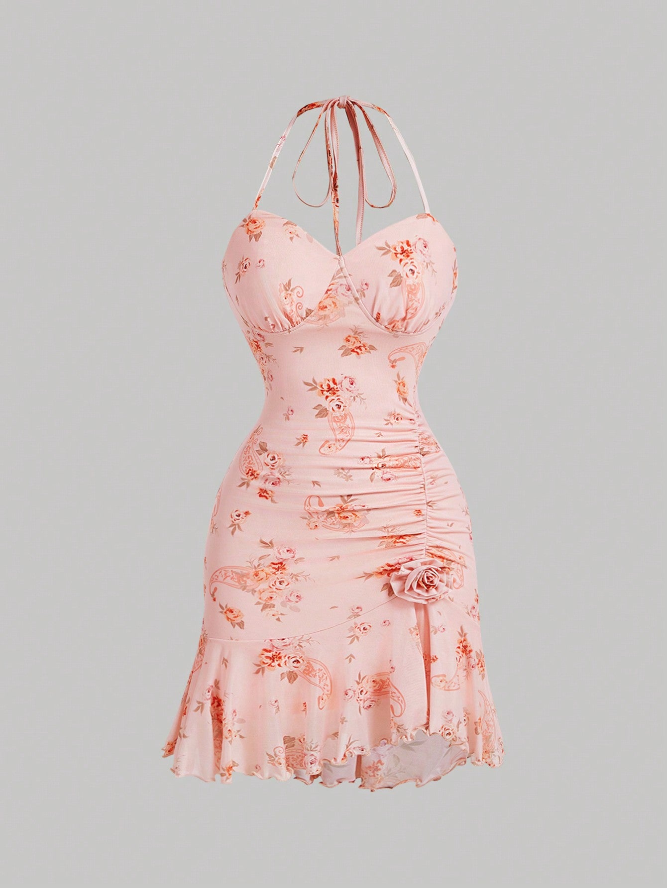 SHEIN MOD Vestido corto de cuello halter con volantes y estampado de flores y paisley, vestido de fiesta, vestido floral rosado, vestido corto, vestido estilo dinero antiguo, vestido corto occidental, vestido básico, vestido sexy