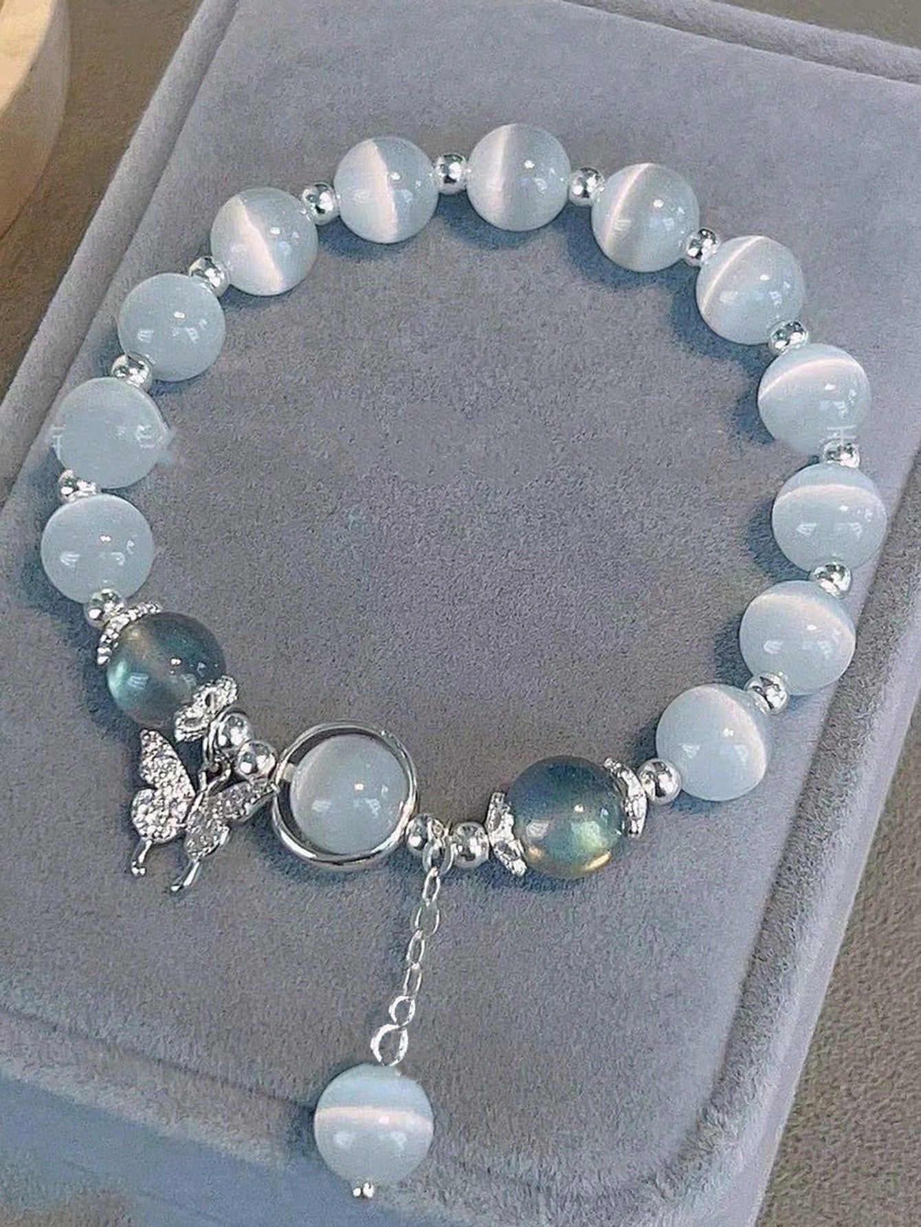 1 brazalete sencillo de piedra lunar gris y cristal natural de ojo de gato con cuentas, accesorios versátiles y elegantes para chicas