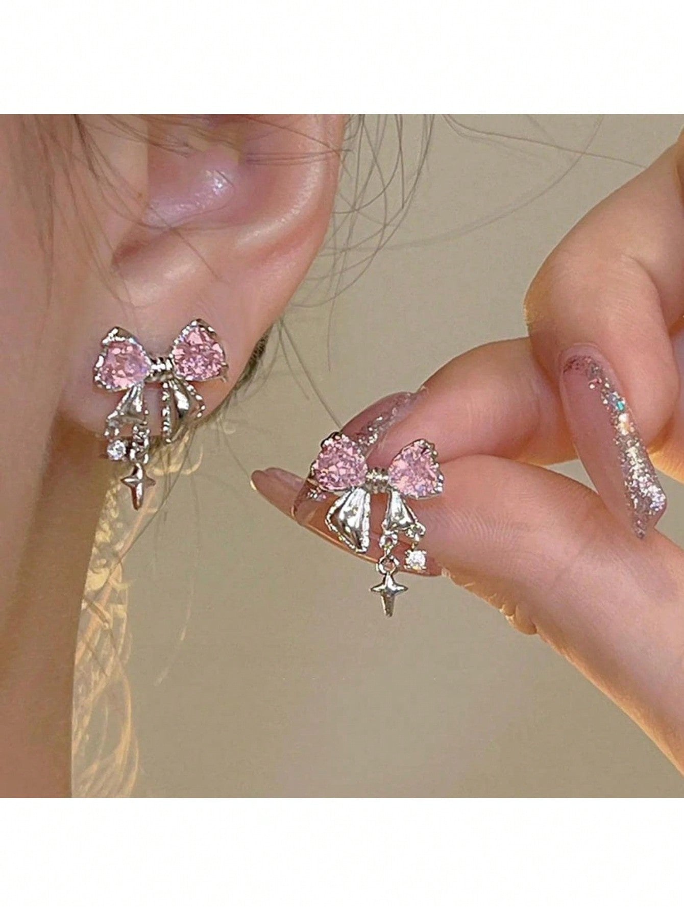 2 piezas Aretes con cristales y lazo, estilo minimalista elegante y único