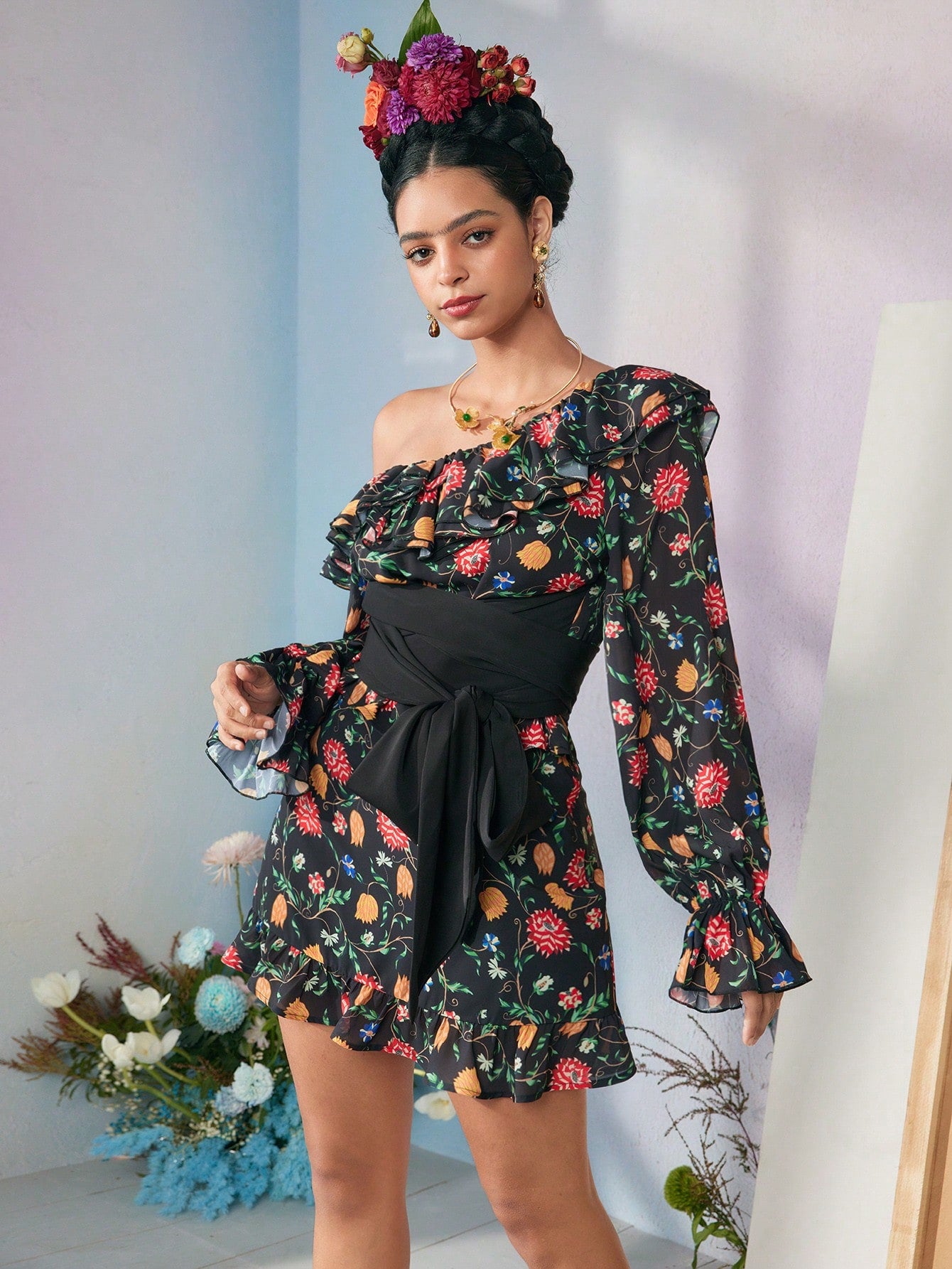 Frida Kahlo X SHEIN X Designer VERO DIAZ Falda larga con estampado floral de cintura alta y volante en el bajo