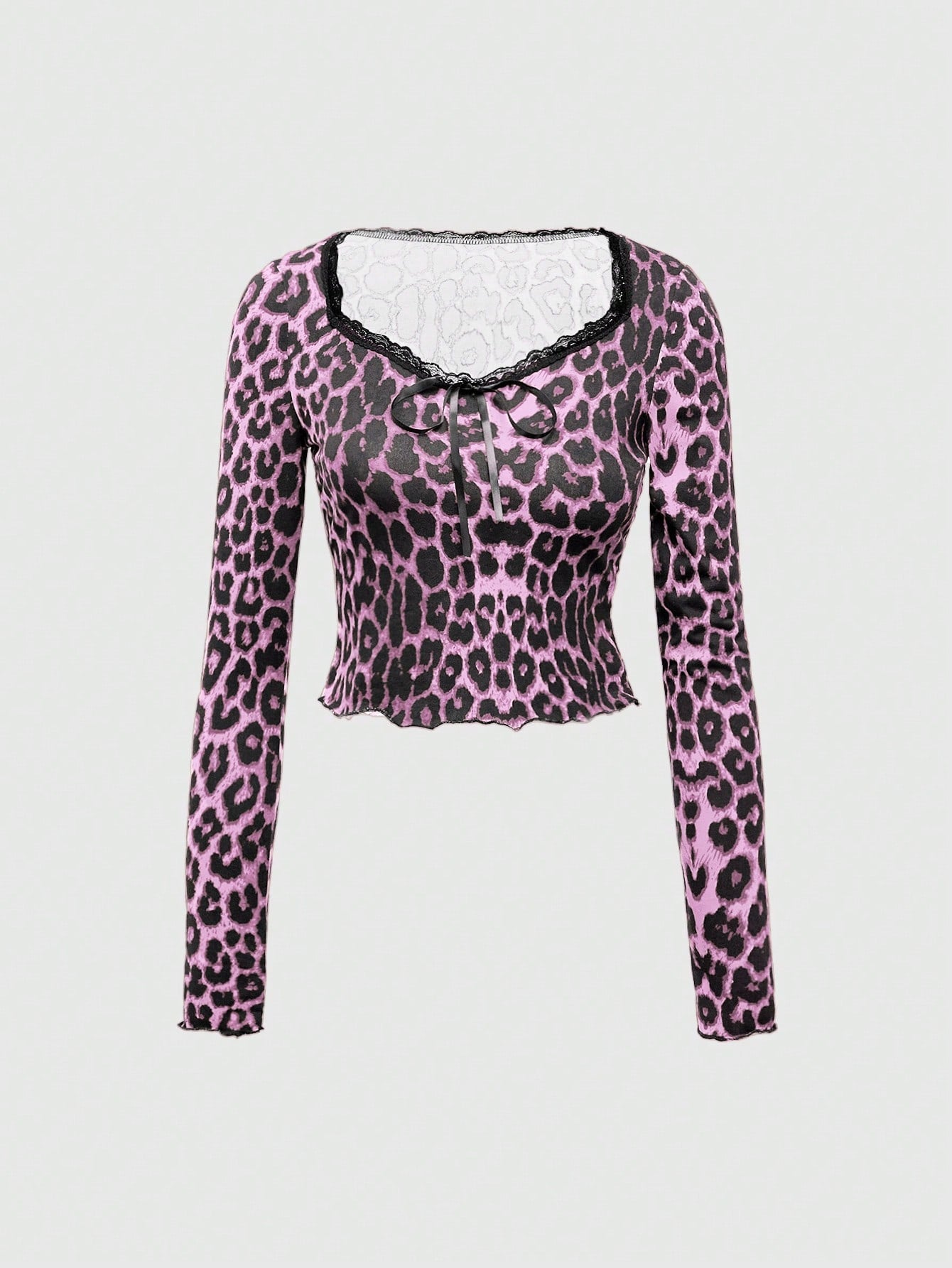 ROMWE Camiseta de manga larga de capa base con cuello en forma de corazón de cinta, parche de encaje y estampado de leopardo