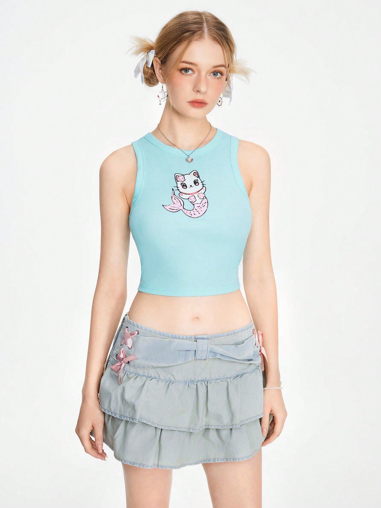 ROMWE Kawaii Lindo top corto de estilo universitario para mujer con estampado de gato dibujos animados para el verano