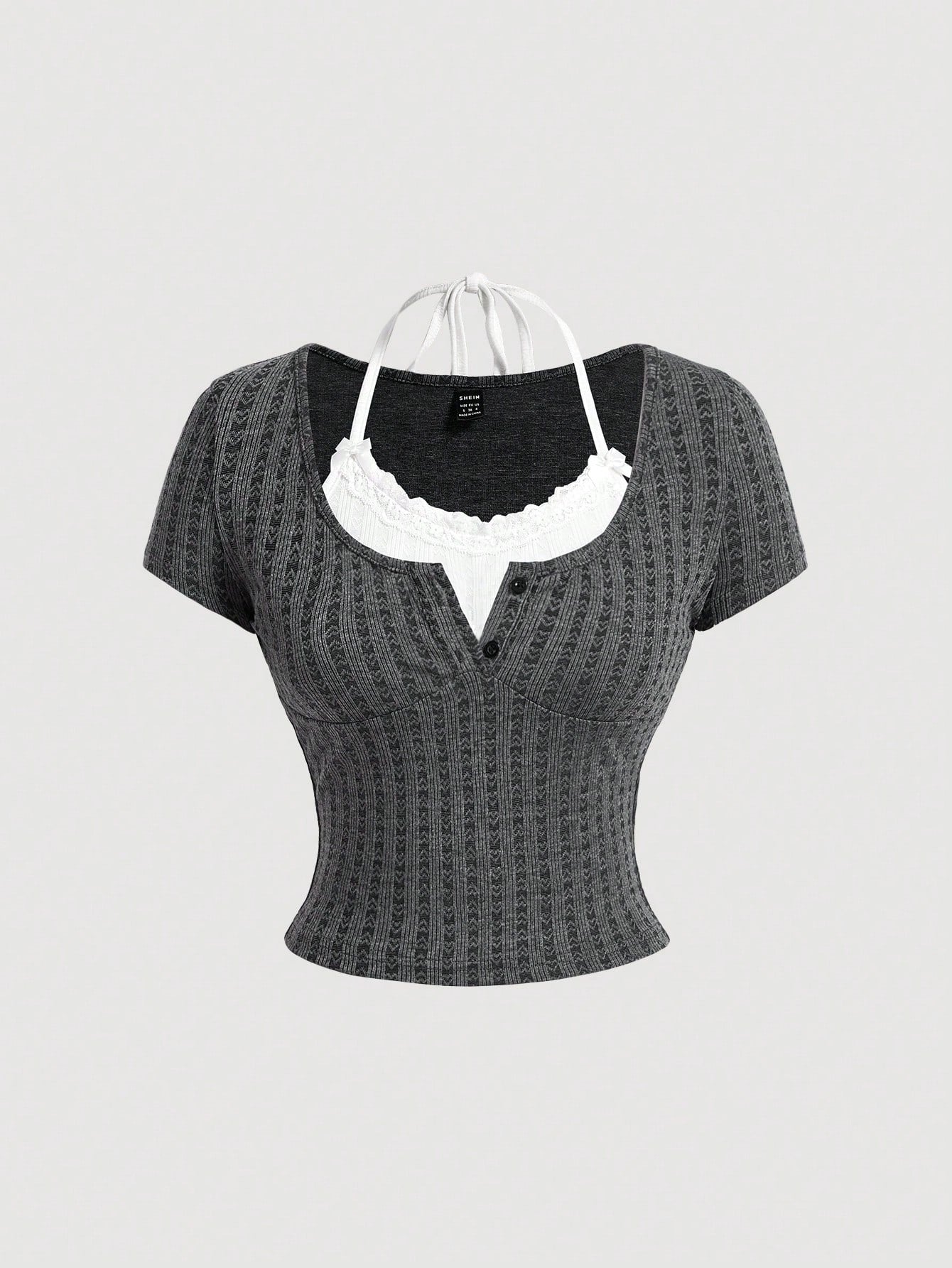 SHEIN MOD Camiseta de verano para mujer '2 en 1' con lazo de ballet coqueto y ribete de encaje en las mangas cortas Tops Kawaii